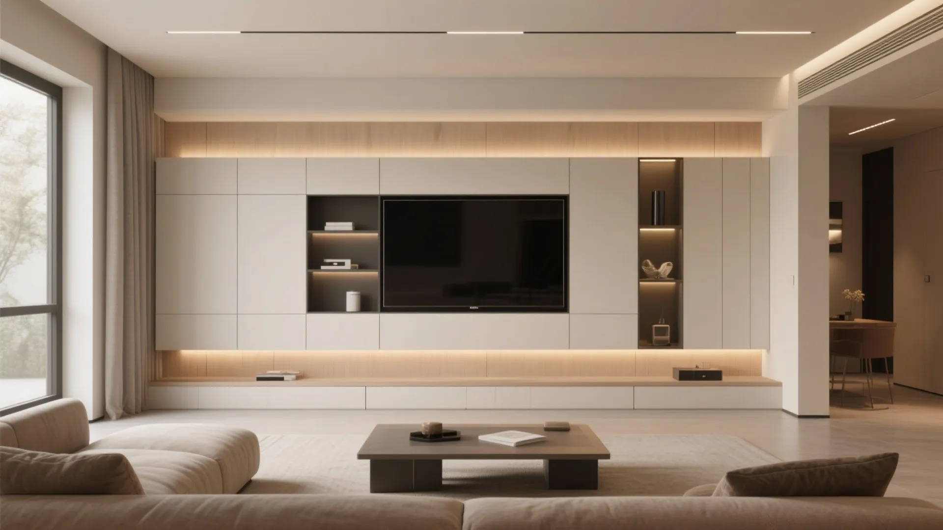 6. Built-in media wall with hidden storage