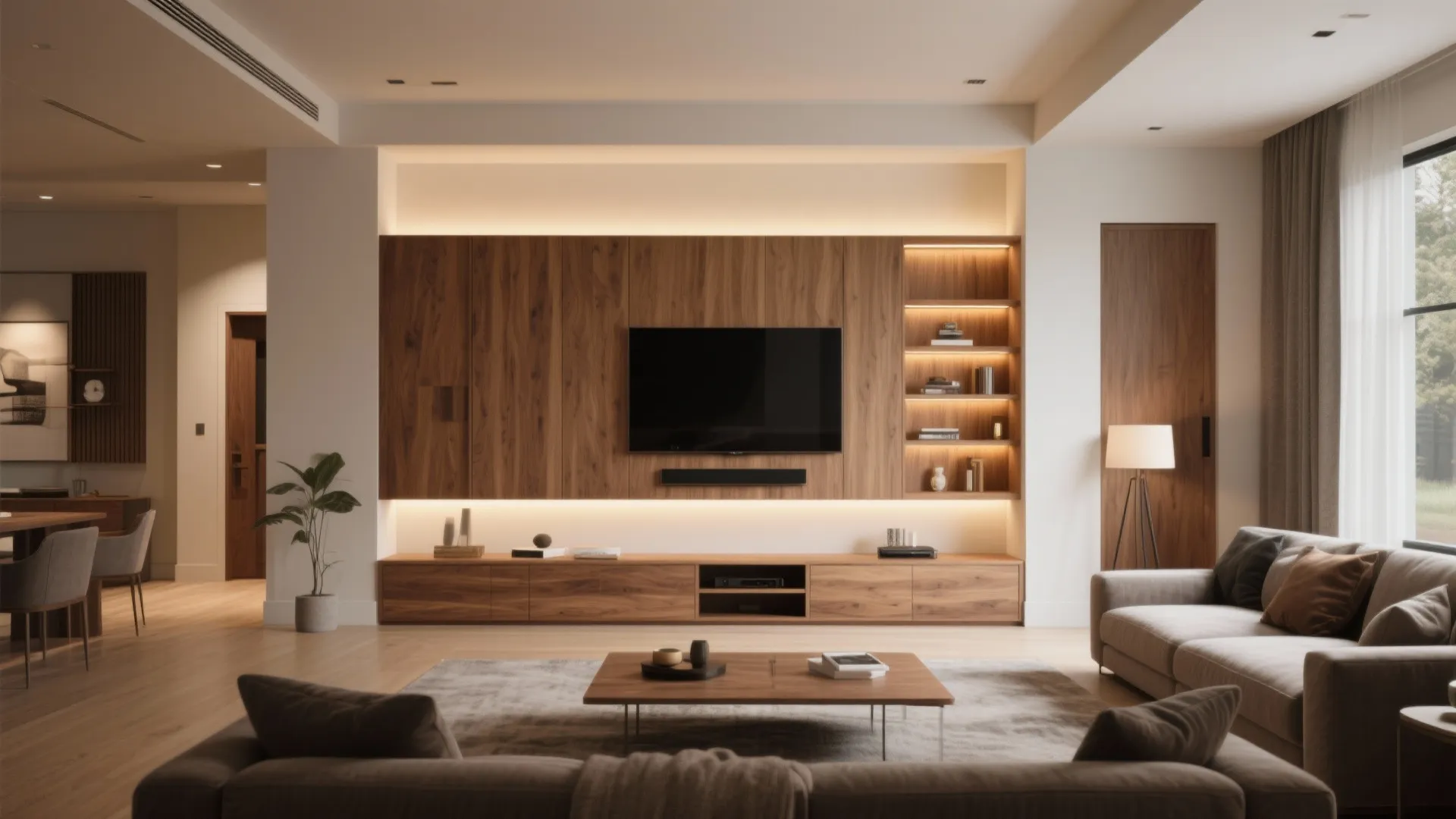 Living room featuring a wooden wall cabinet with television warm lights coffee table and grey sofa