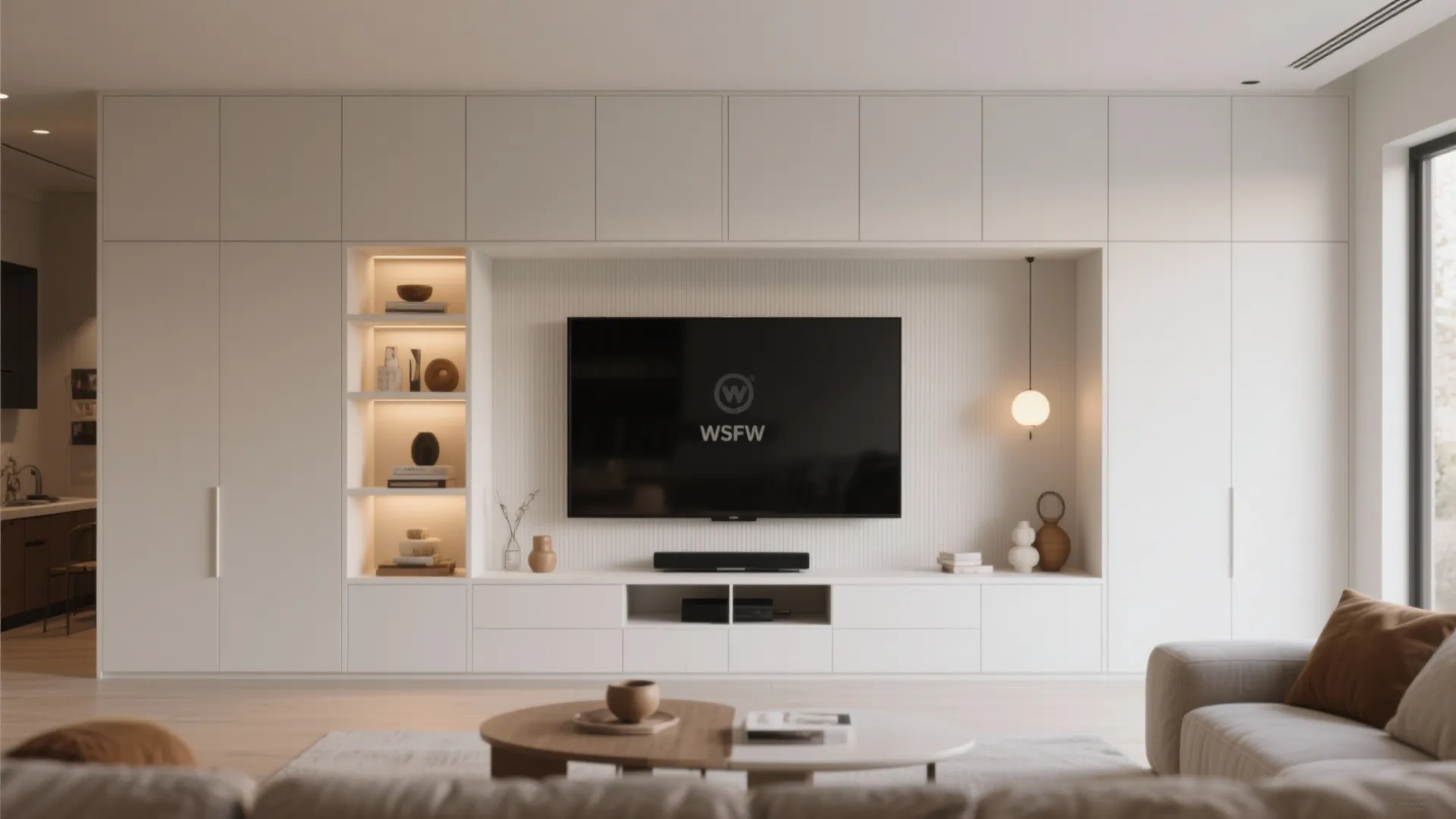 Modern white media wall with built-in cabinets, large television, open shelving, and a coffee table