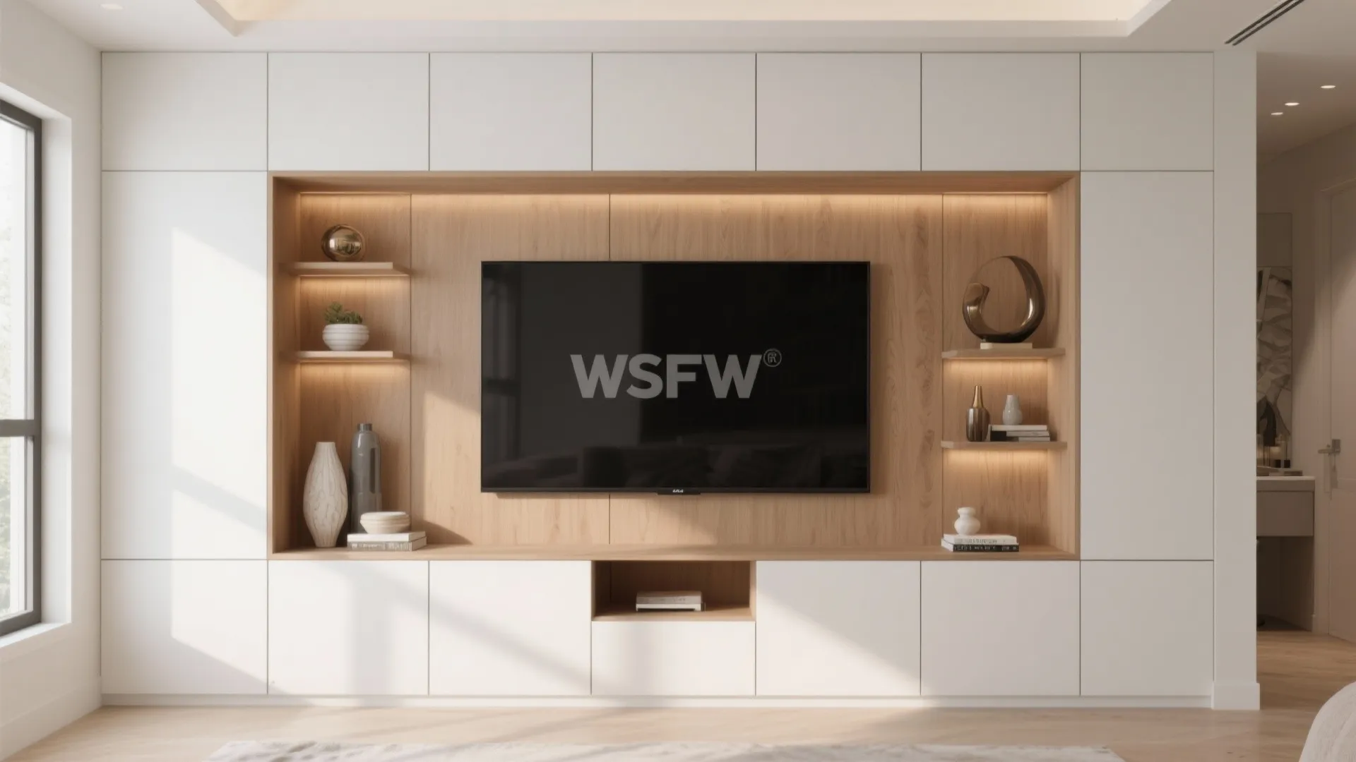 Minimalist white wall cabinet featuring a wood texture center section with television and warm light shelving