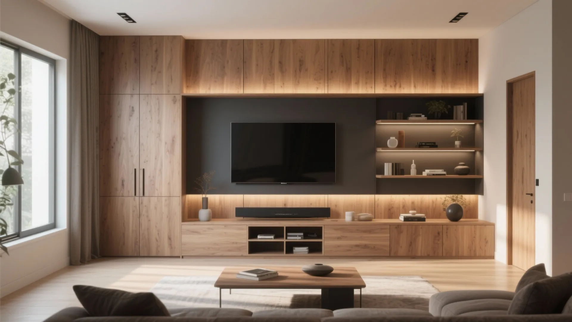 Modern living room featuring a wooden storage cabinet with television and integrated warm light strips