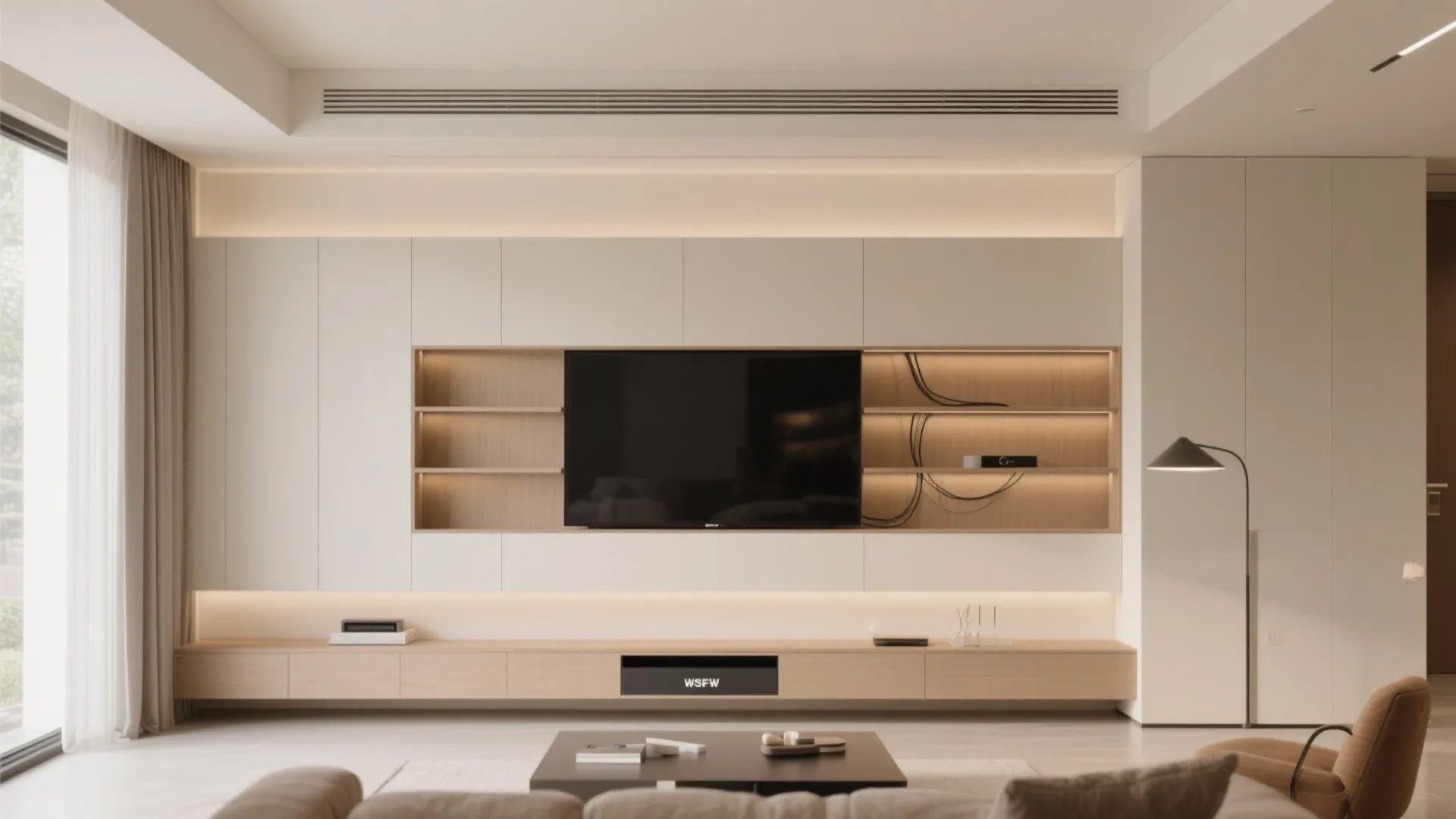 Minimalist living room with white wall cabinets television wooden shelves floor lamp and soft lighting