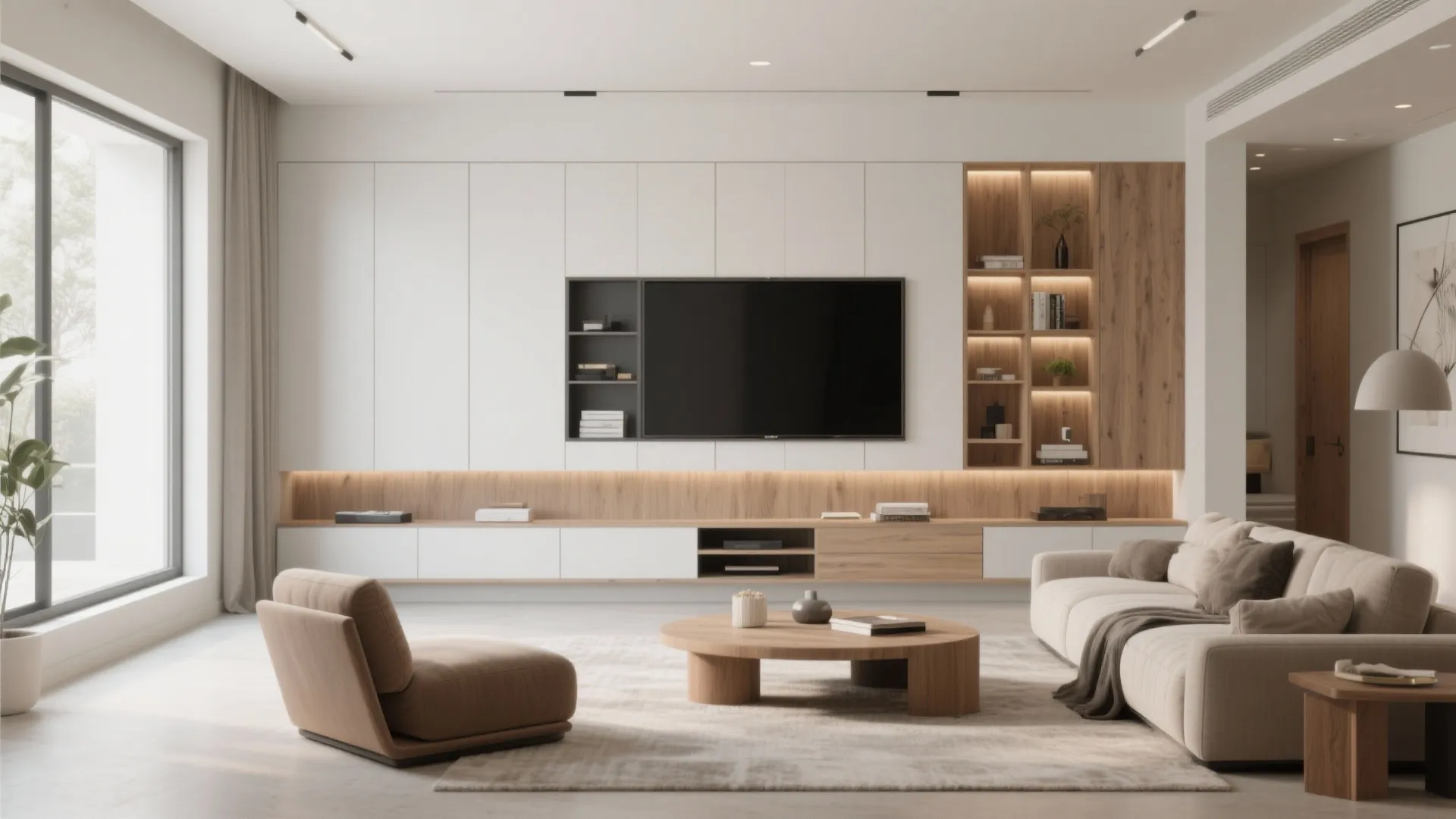 Modern living room with white wall cabinet, built-in TV, beige sofa, wooden table, and rug