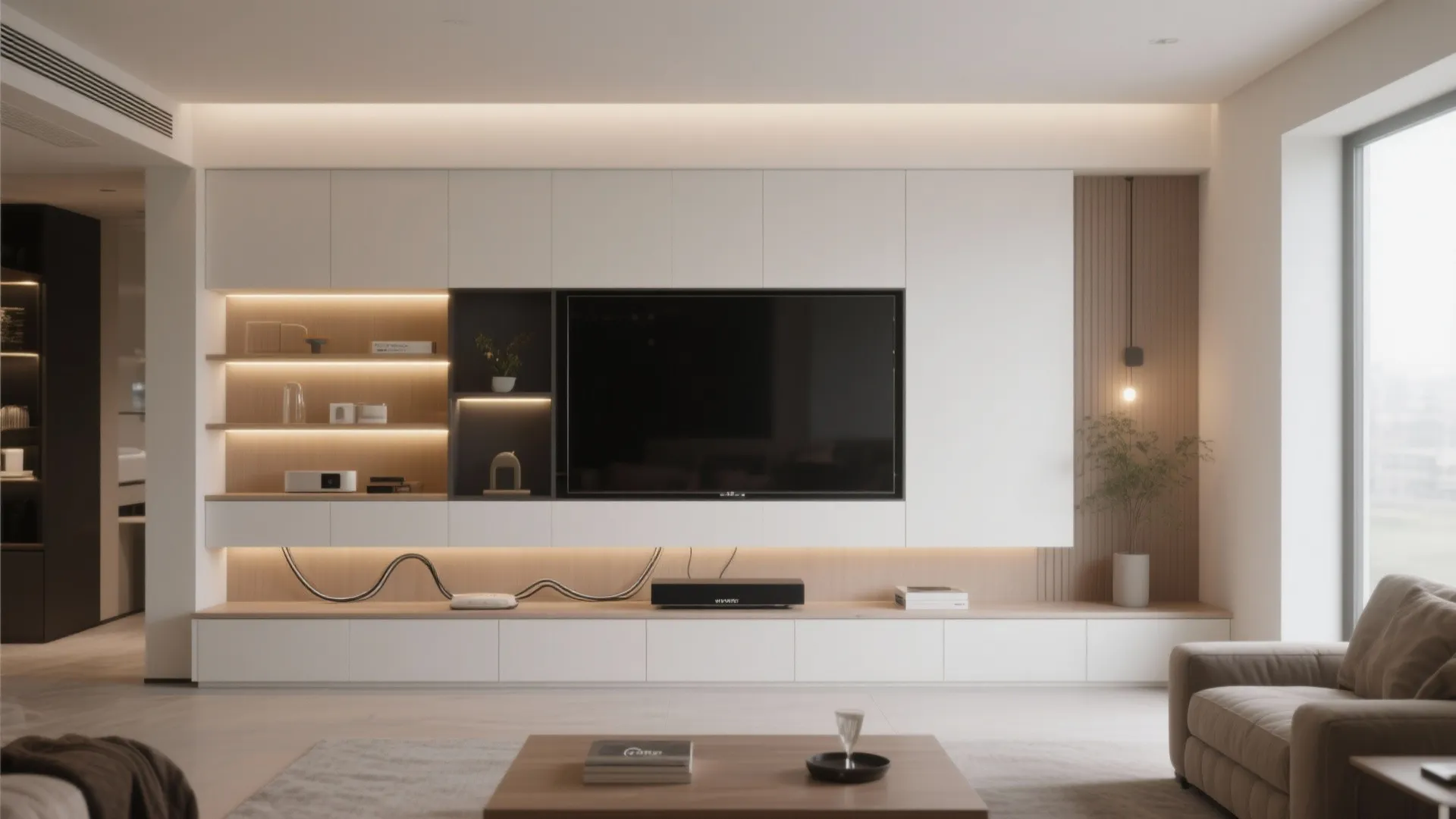 White built in wall cabinet with large television screen warm lighting shelves and a sofa