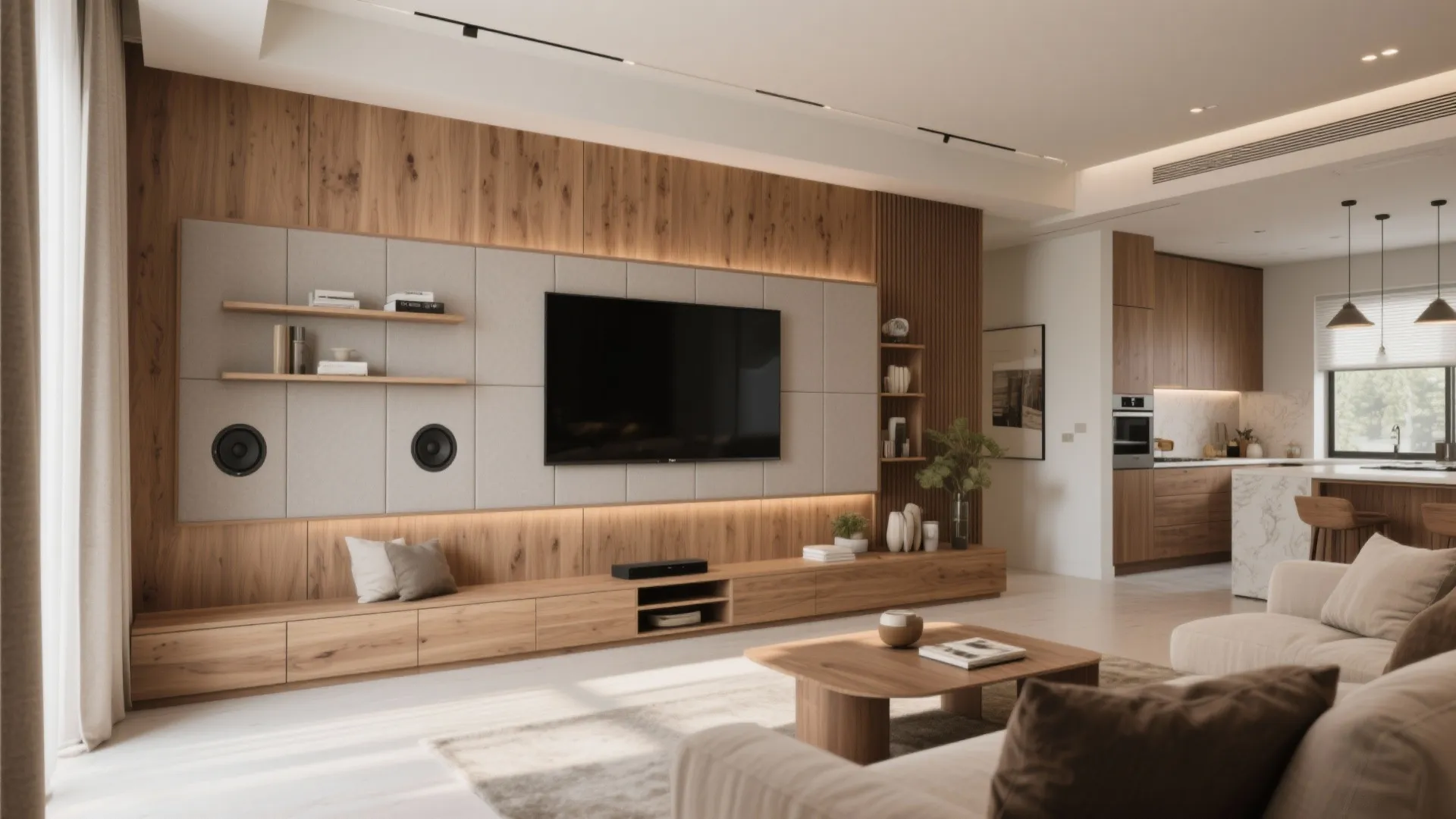 Modern living room with wood wall panel and large television above a long wooden cabinet