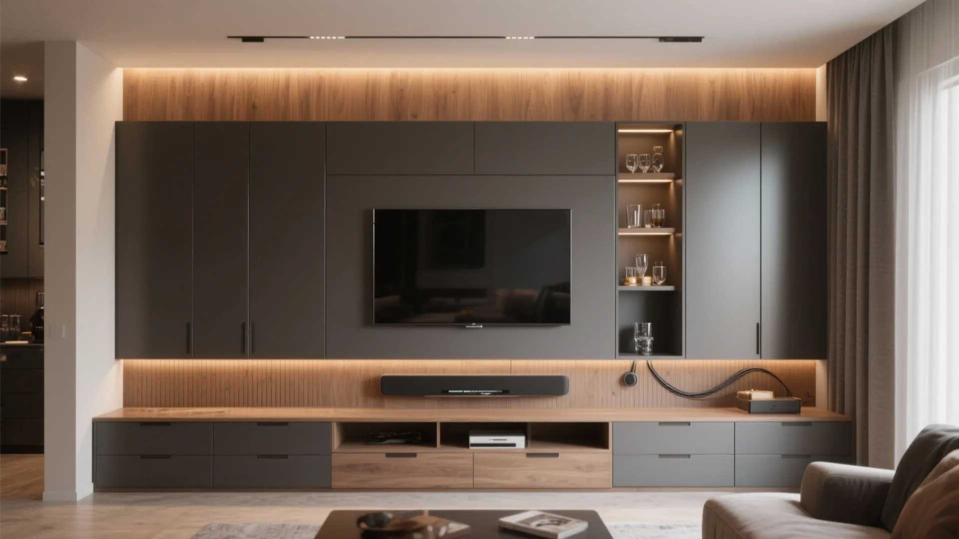 2. Built-in media wall with hidden storage