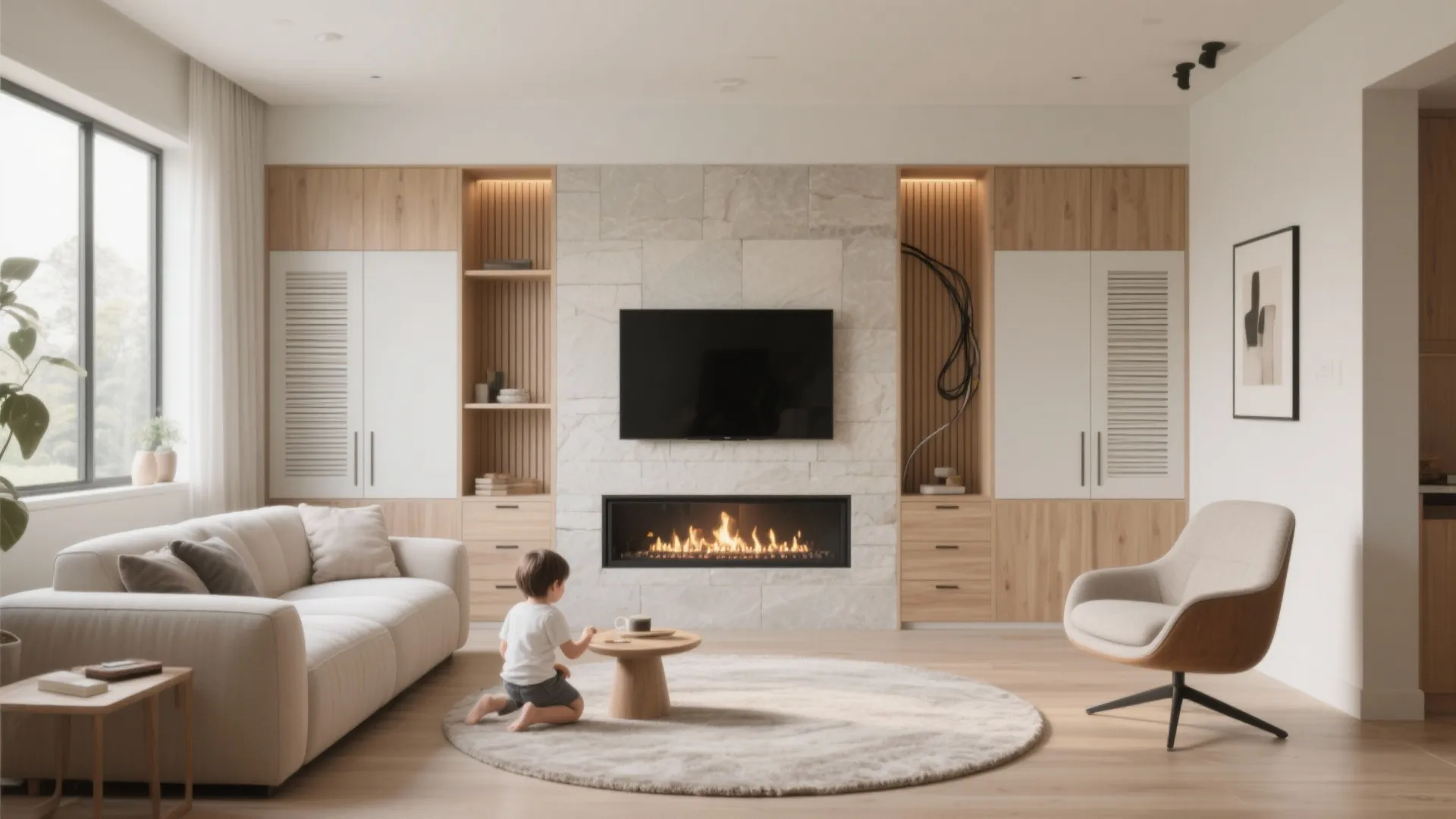 Small living room with a recessed TV, integrated fireplace, and hidden storage in a media wall.