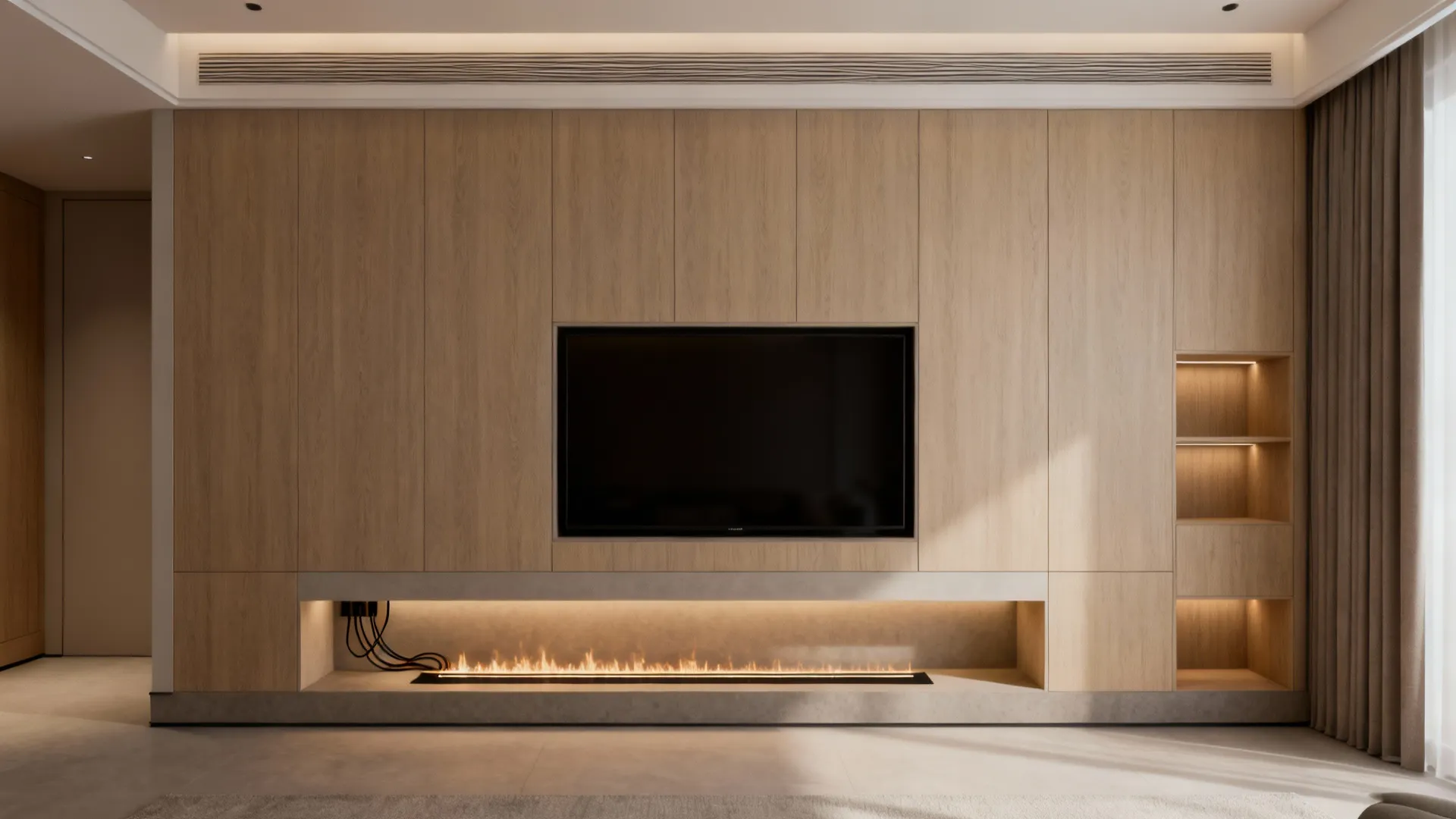 5. Built-in media wall with recessed fireplace and TV alcove