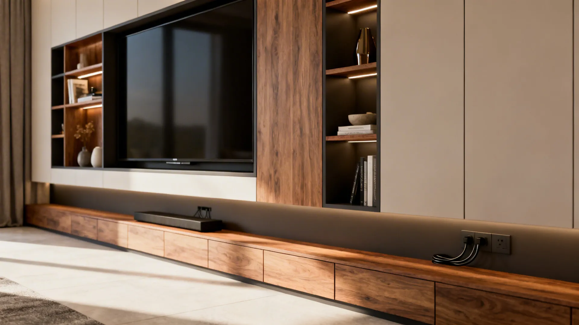 Modern wooden cabinet featuring a large television with built-in shelves and warm lighting living room