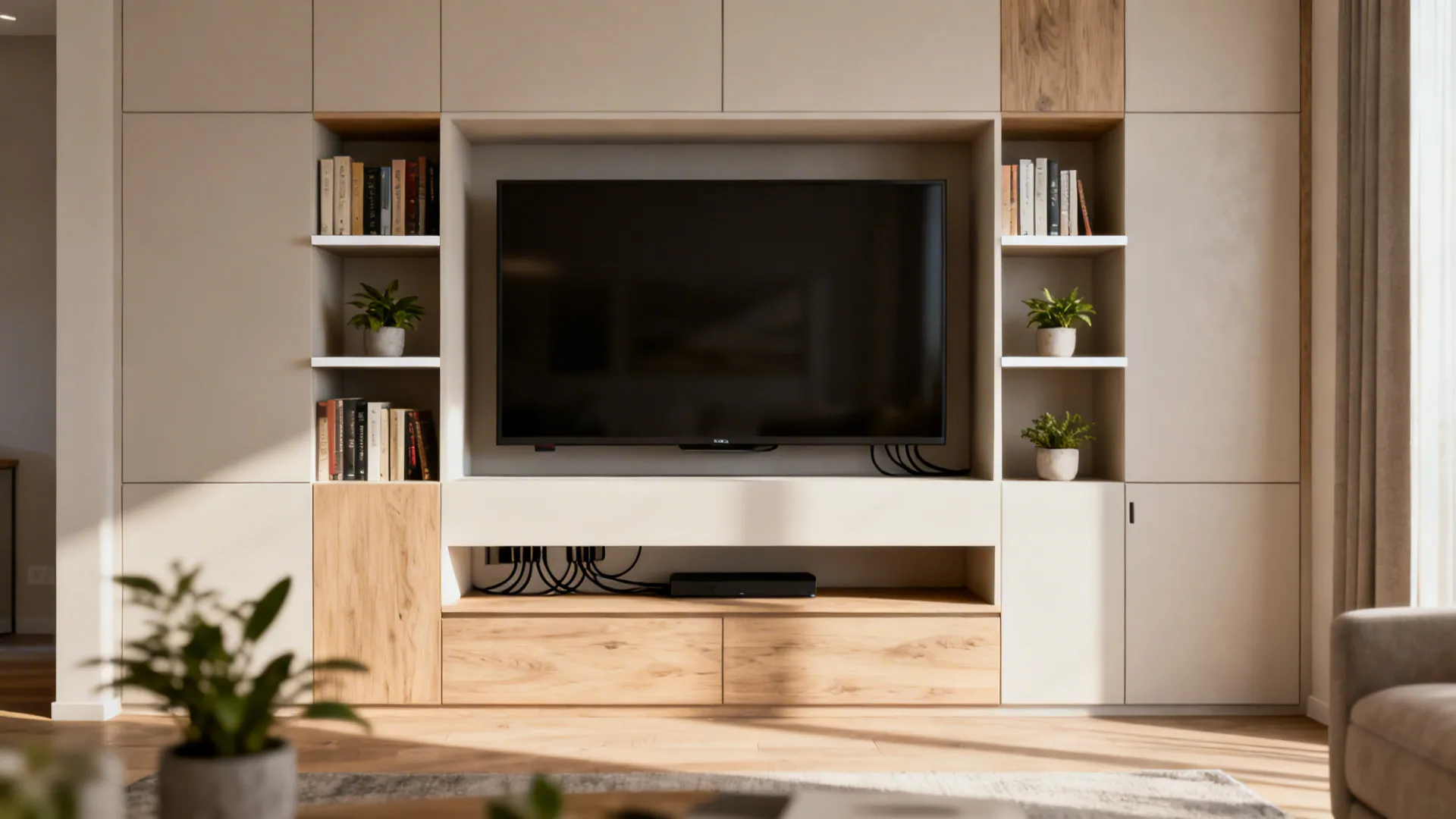 Modern built-in wall cabinet with television storage and open shelves for books and green plants