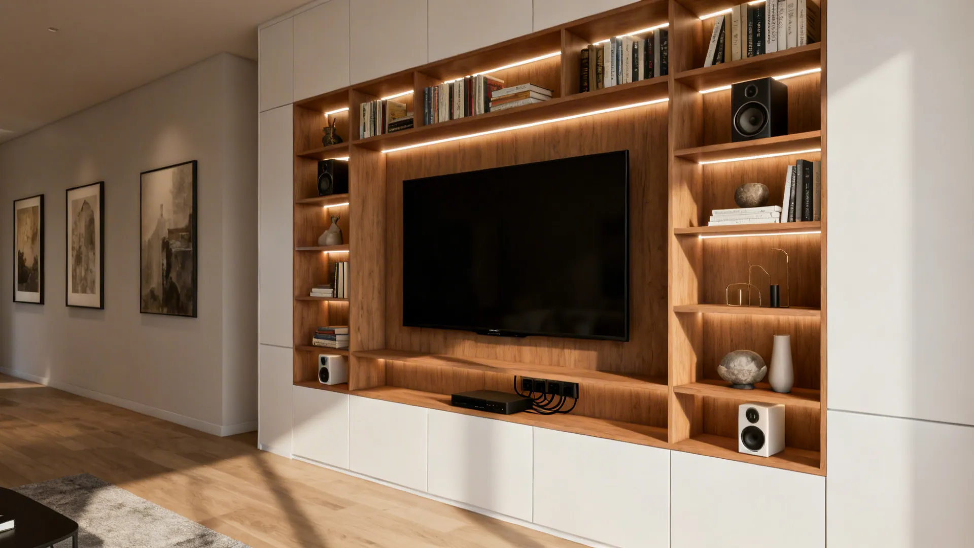 Built-in shelving around a TV with closed base cabinets and soft LED shelf lighting.