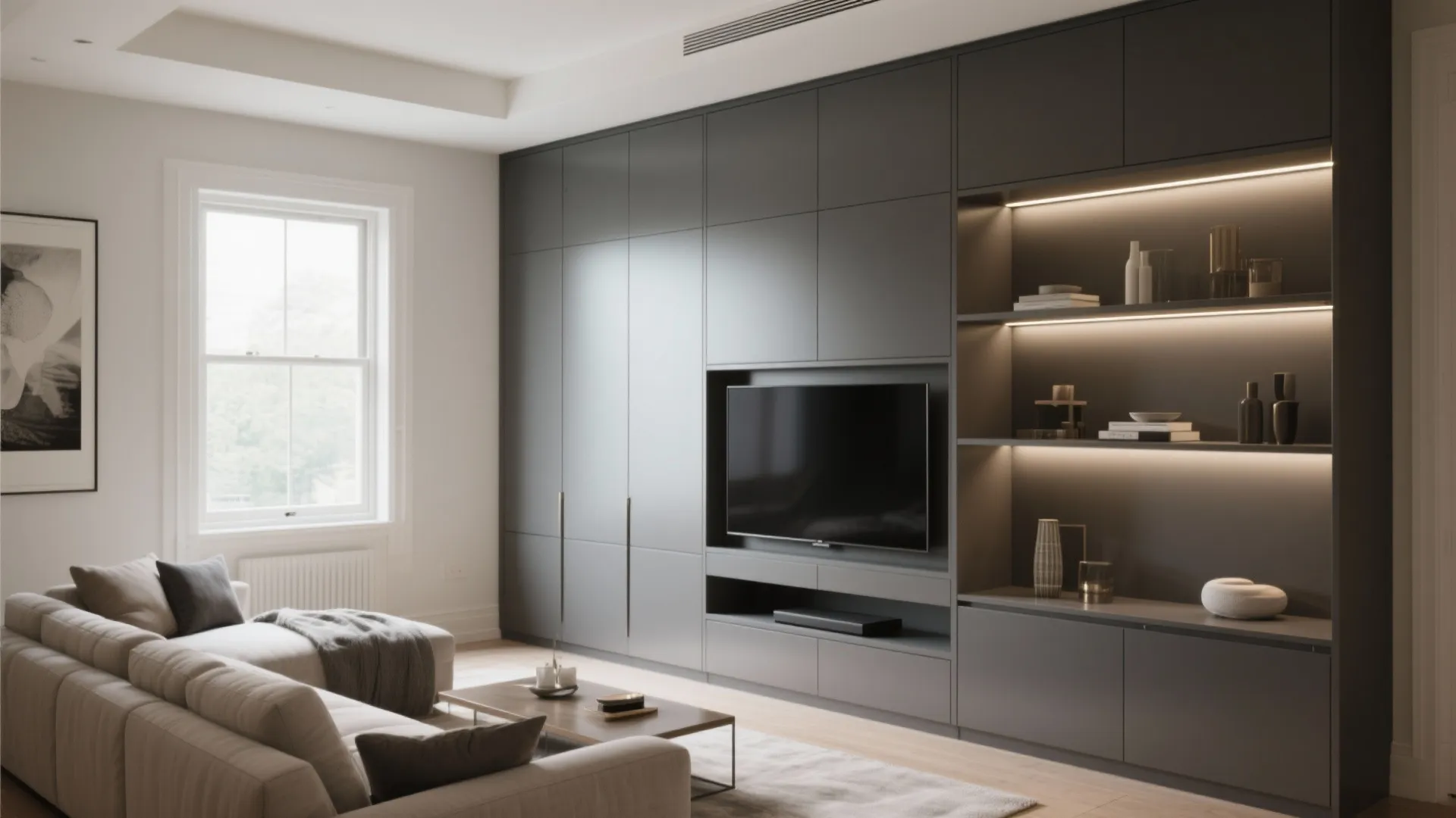 Living room with dark grey wall cabinet television shelves integrated lighting and comfortable beige sofa