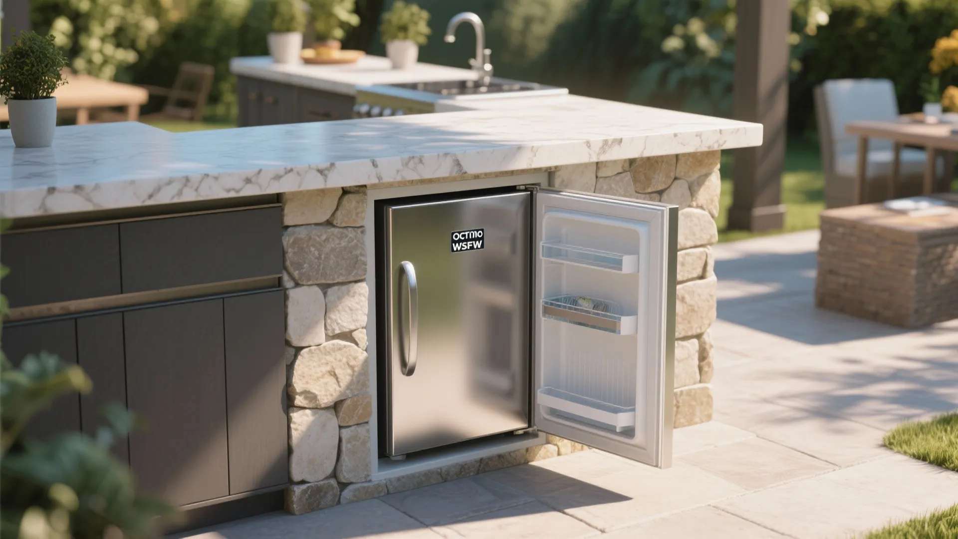 Modern outdoor kitchen with white marble counter and open silver mini fridge under stone island