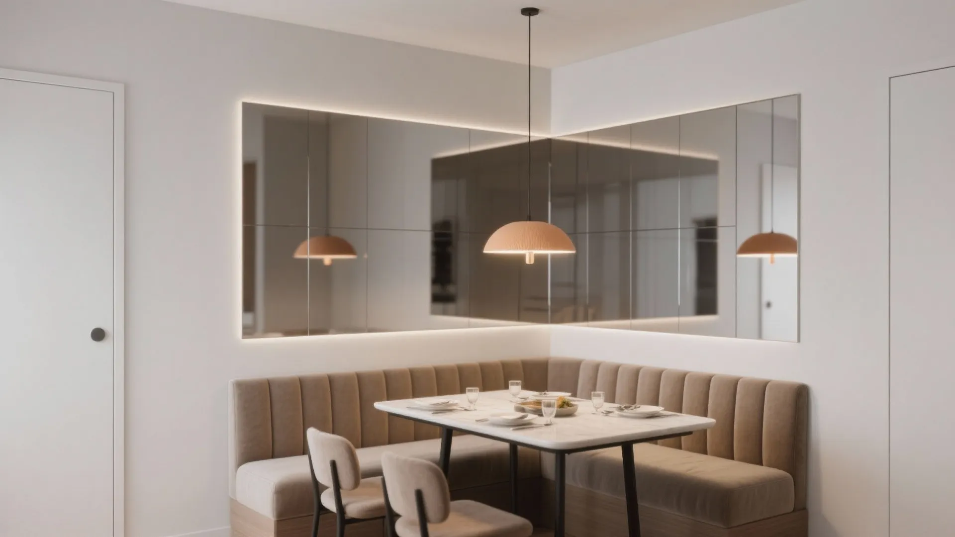 Built-in mirrored wall panel behind banquette seating