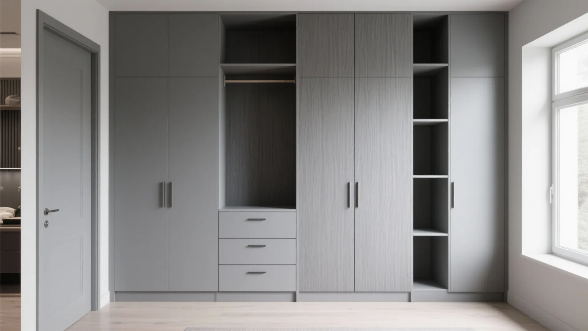 Custom built-in wardrobe with mixed medium and light grey finishes and varied grain textures.