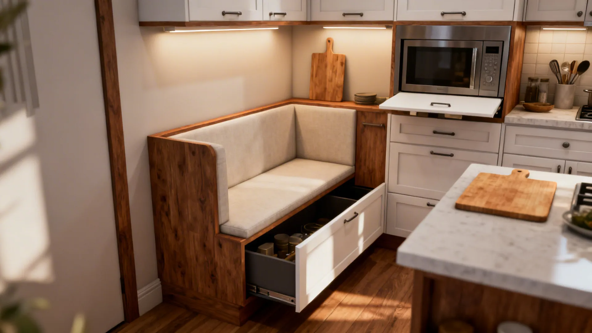 Small kitchen corner showing built-in banquette storage and pull-out cutting board for space saving.