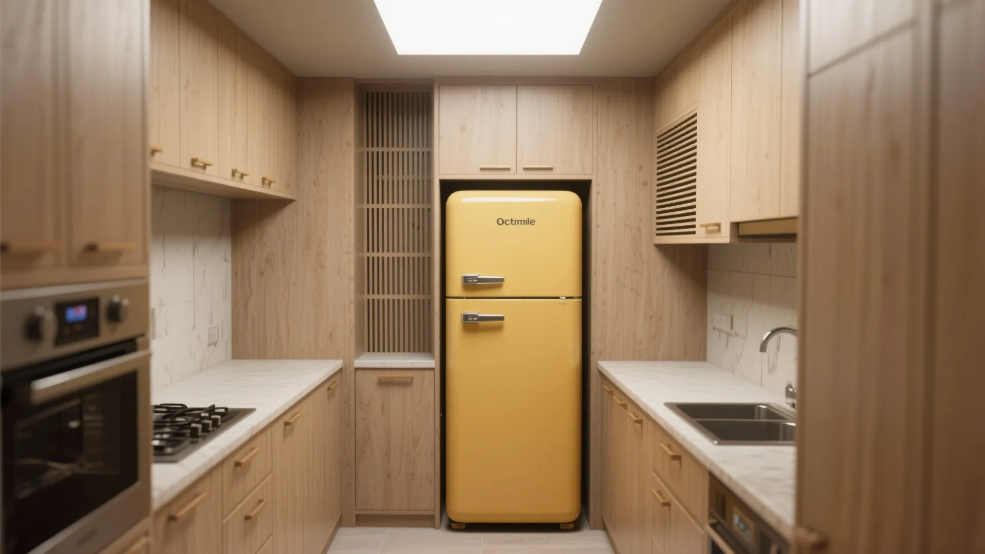 Modern wood kitchen featuring a bright yellow retro fridge built into wooden cabinets with white countertops