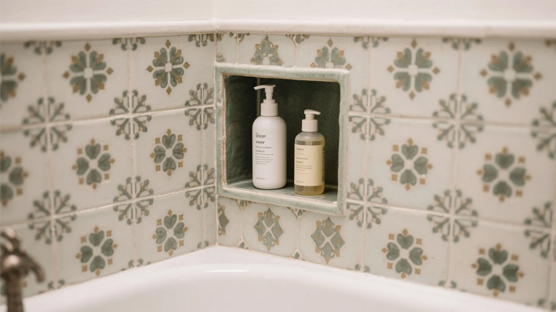 Close up view of two white soap bottles inside a wall shelf with floral tiles
