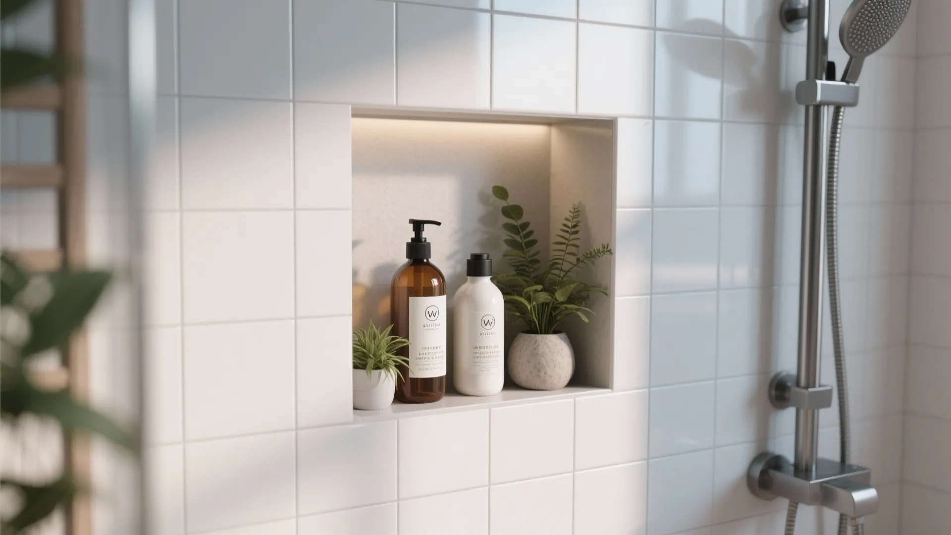 Recessed wall shelf in white tiled shower holding soap bottles and small green potted plants decor