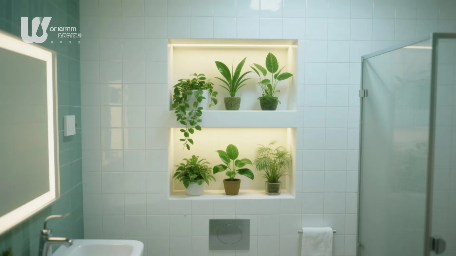 Modern white bathroom wall featuring two built-in niches with green potted plants and warm lighting