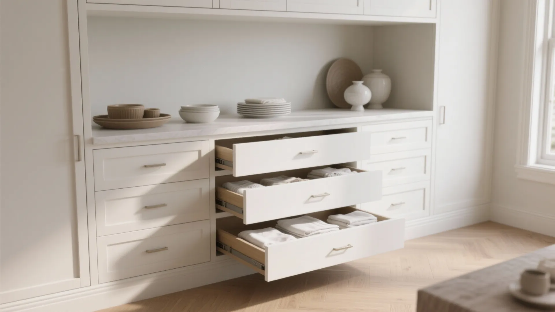 Recessed built-in buffet niche with stacked shallow drawers and clean white finish maximizing storage in a small dining area.
