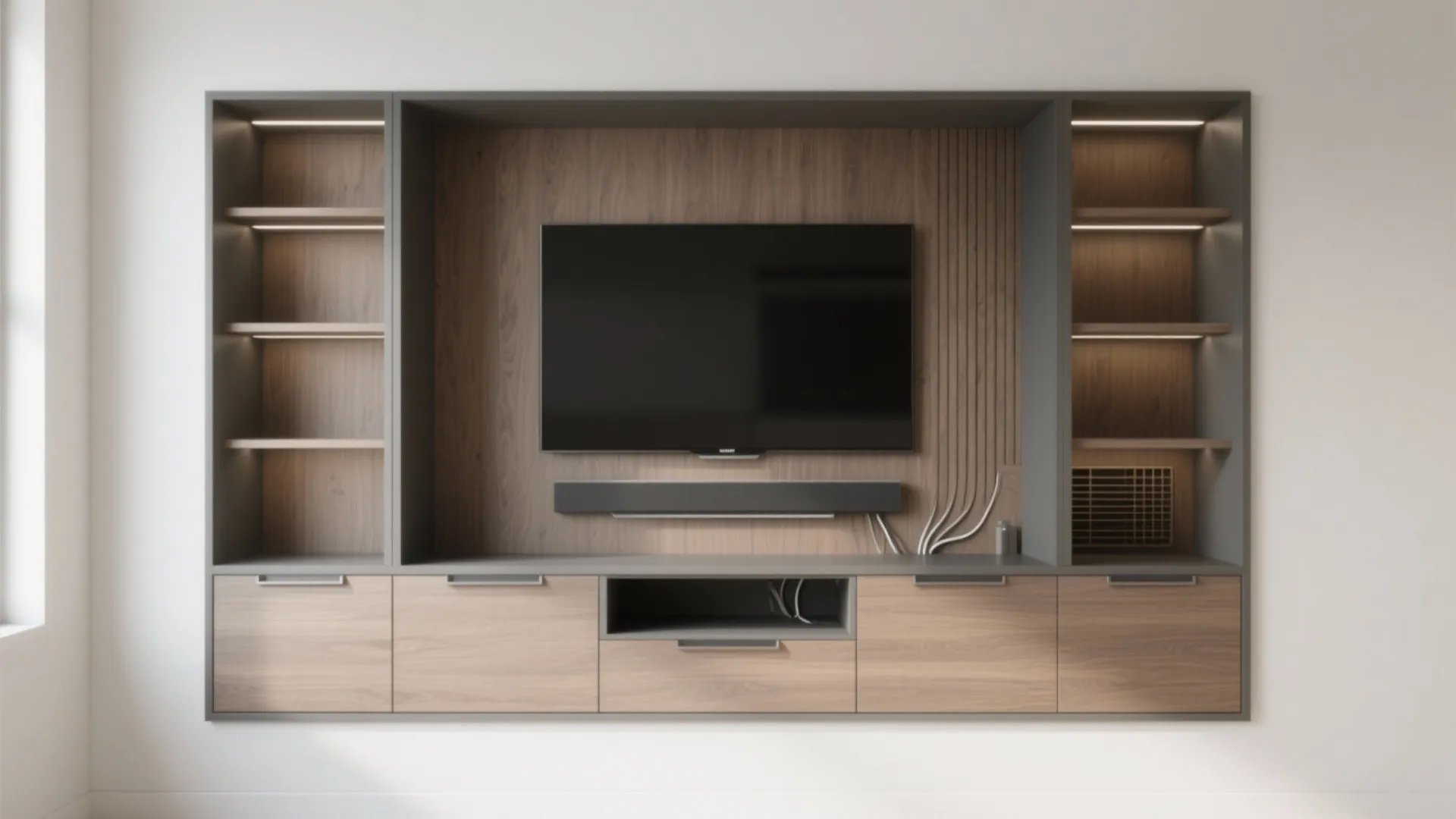 Modern wood and grey TV cabinet with built in shelving and warm light for home
