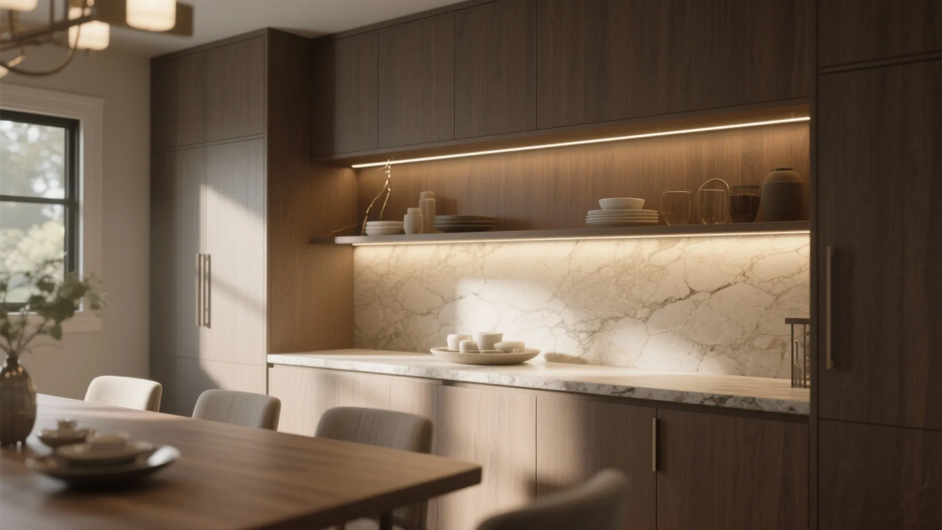 Built in wooden cabinet with marble backsplash and warm light fixture strips above the counter
