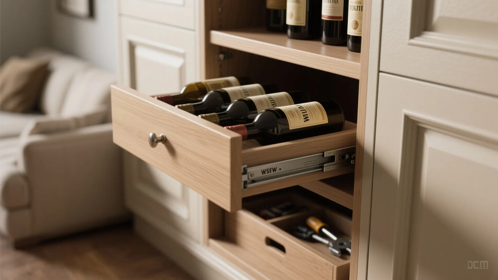 Close up view of a wooden cabinet drawer containing several wine bottles in a house