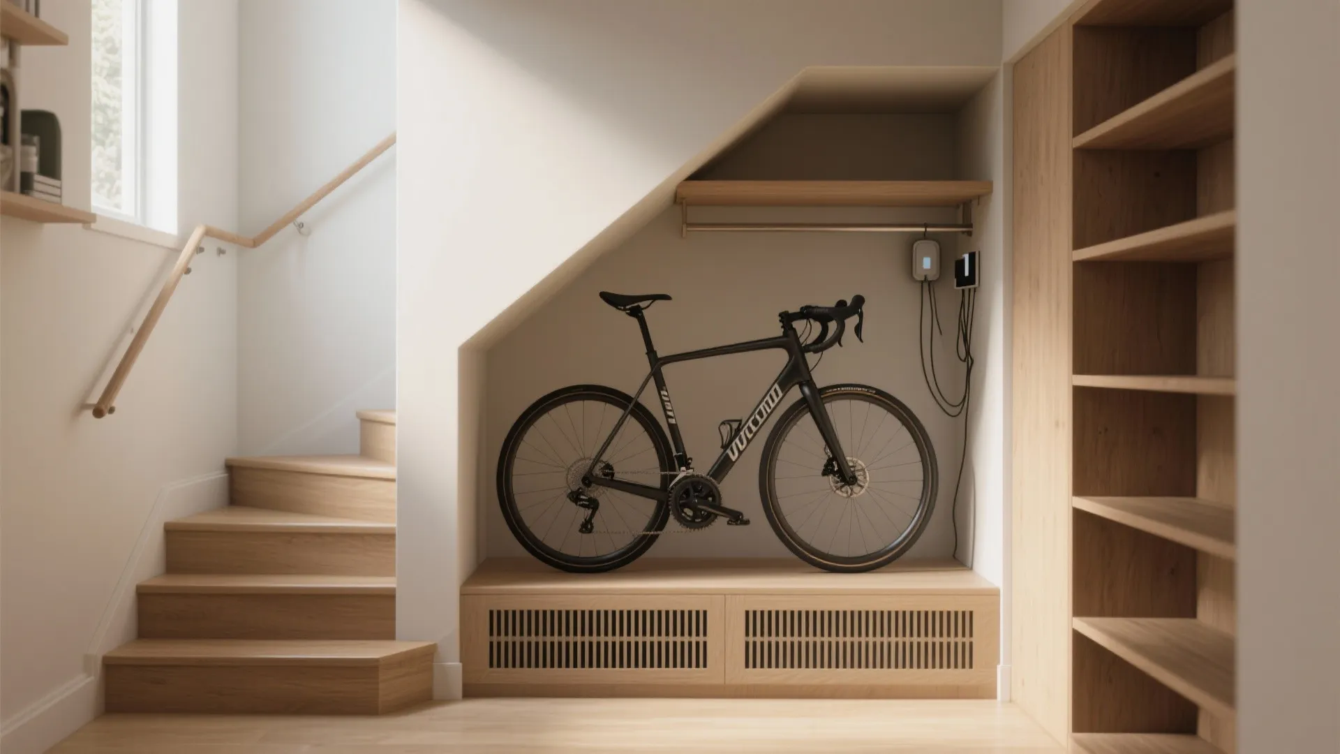 Custom wooden storage cabinet under a staircase used as a bicycle parking and charging station