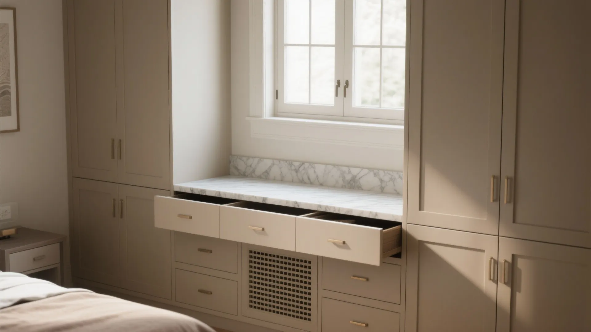 Built-in beige bedroom wall cabinet with marble countertop and open storage drawers under a window