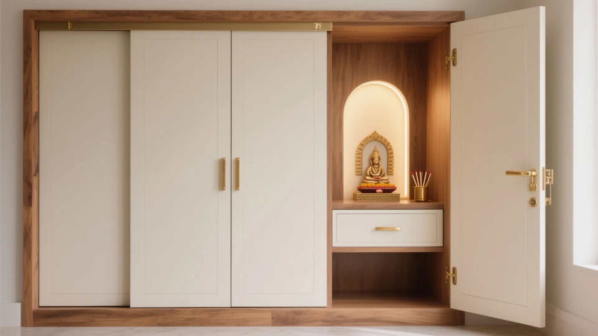 Built-in wooden pooja niche with sliding doors