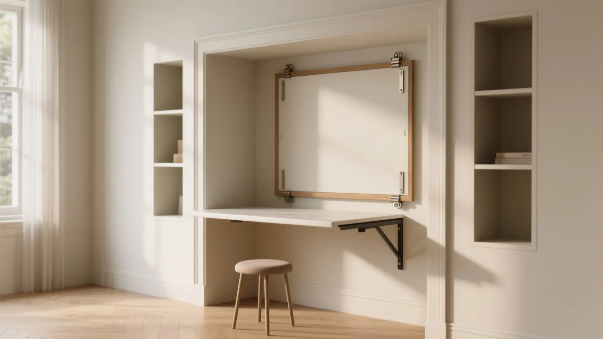 Modern wall niche featuring a folding white desk with small stool and built in shelves