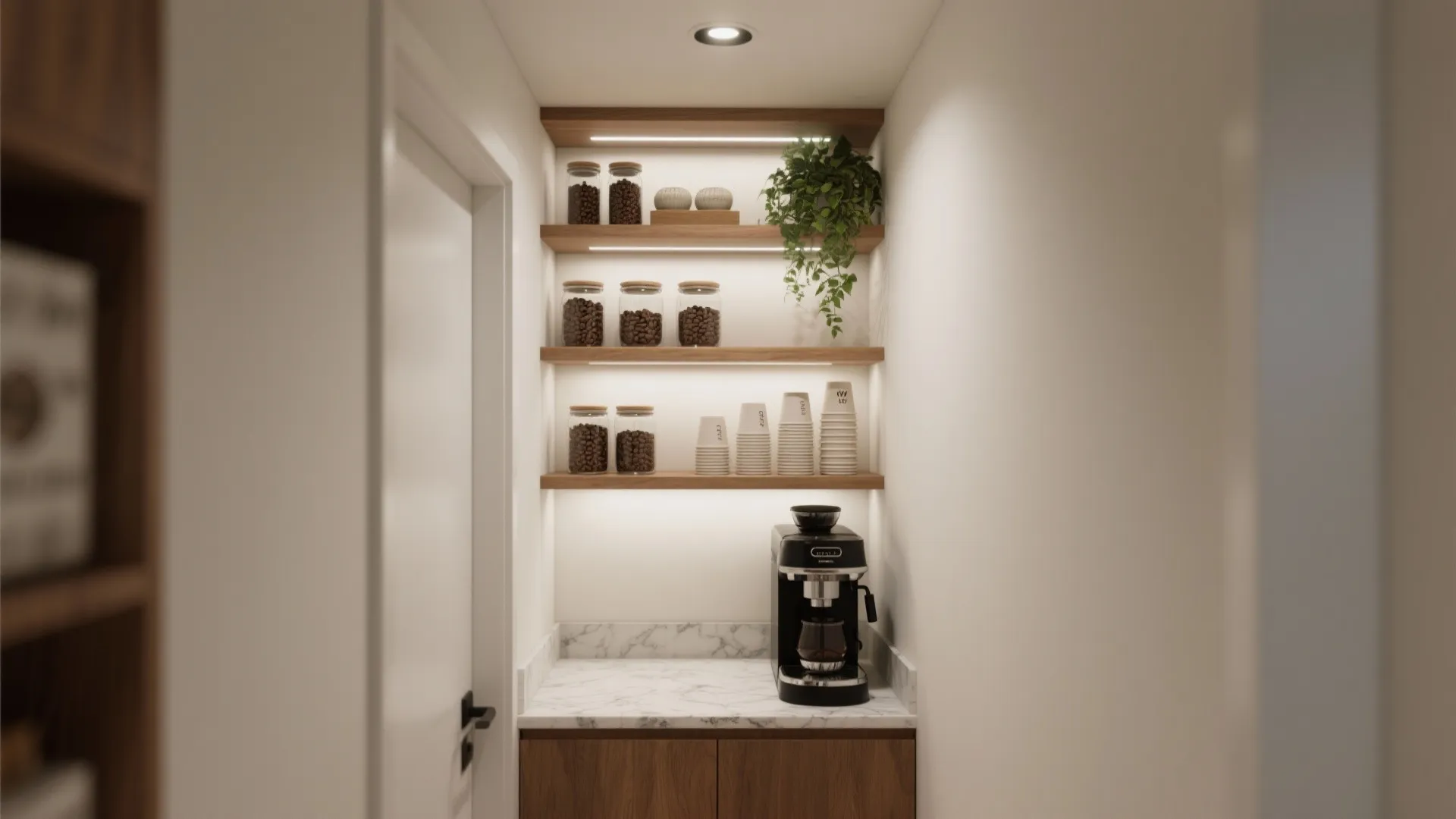 Tall built-in niche with vertical shelves, task lighting, and a compact coffee station.