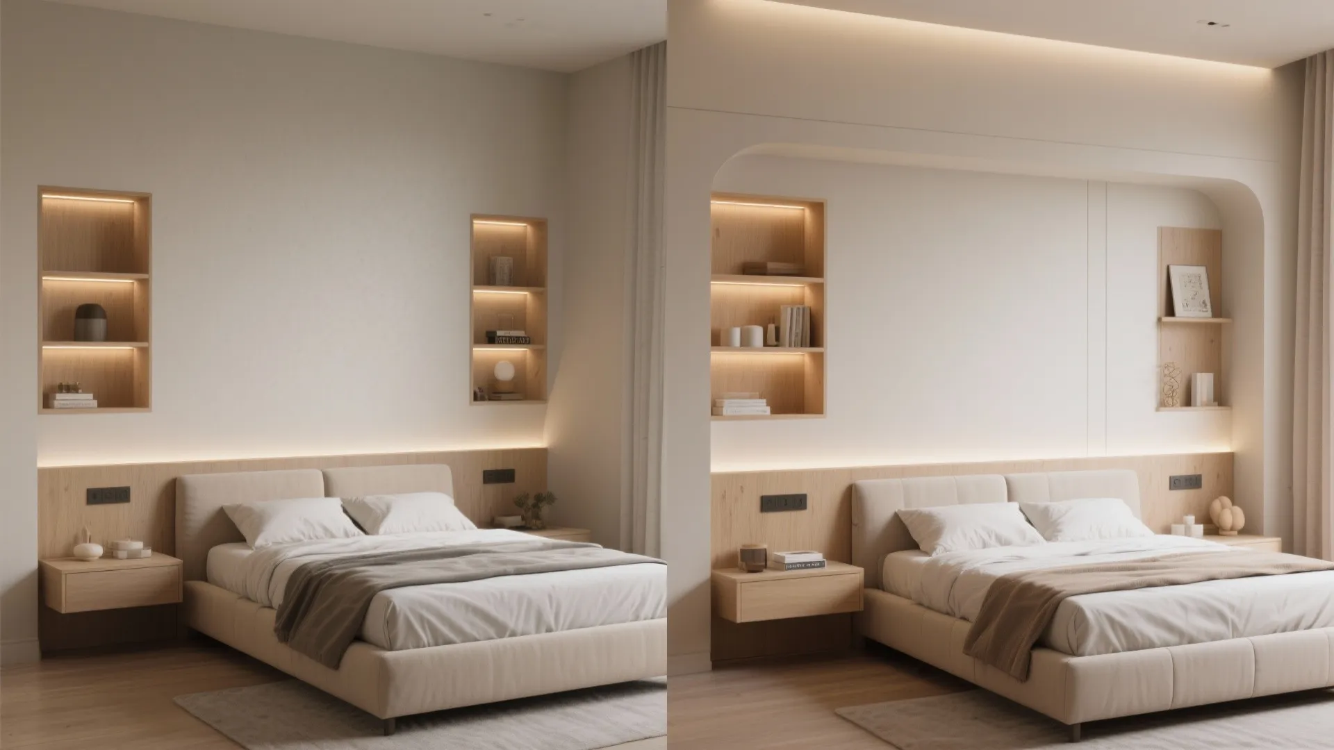 Modern bedroom with wooden wall panel, built-in shelves, beige bed, and warm hidden light fixtures design