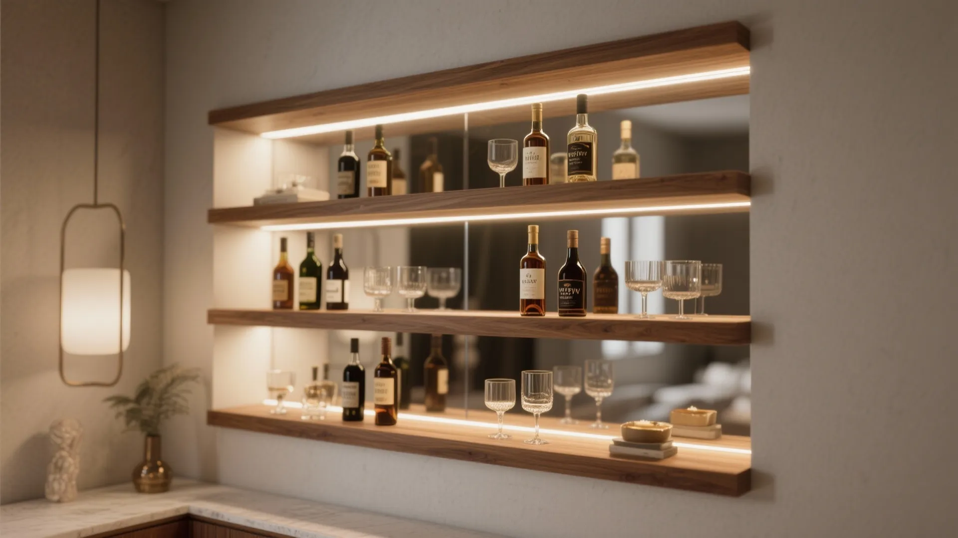 Built-in wall niche with staggered floating shelves, LED strip lighting and a mirrored back.