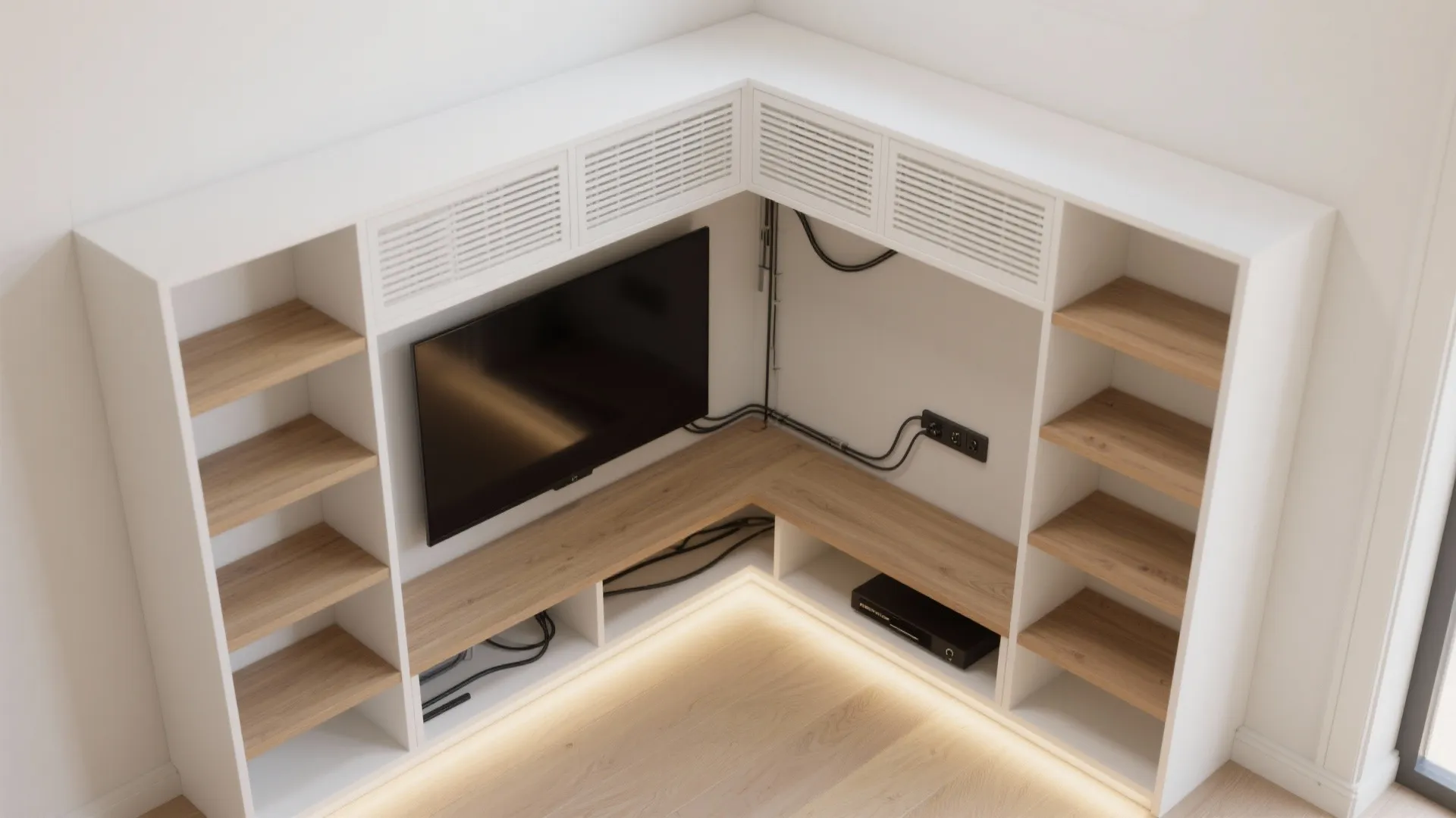 Custom white corner cabinet with wood shelves tv screen and bottom warm led light strip