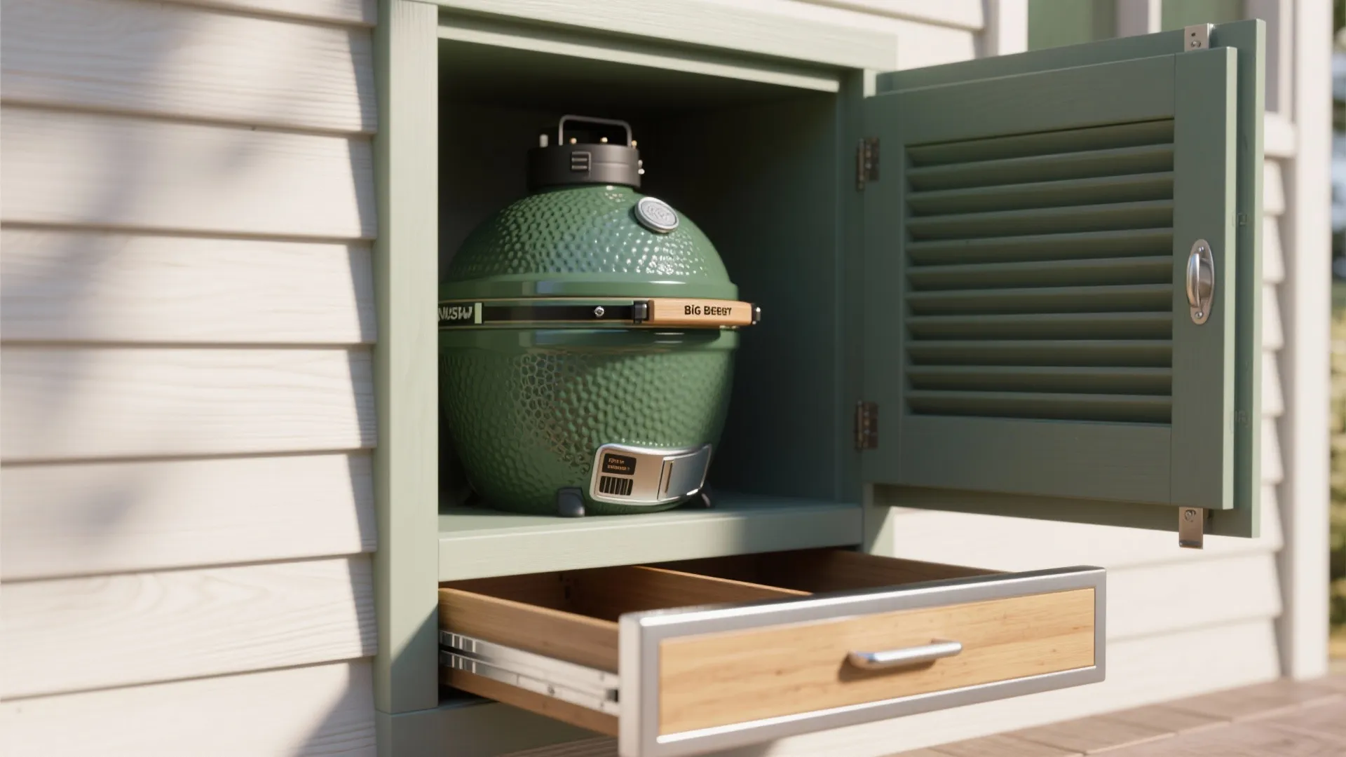 Green egg grill stored in a customized outdoor wall cabinet with open drawer and shutter