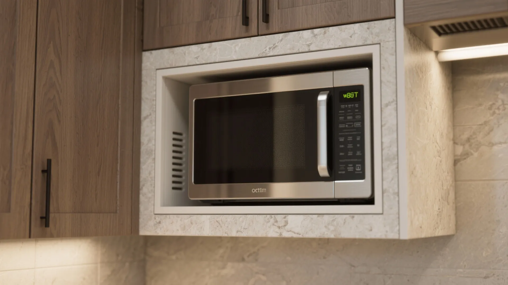 Modern stainless steel microwave built into a marble wall niche with brown wooden kitchen cabinets