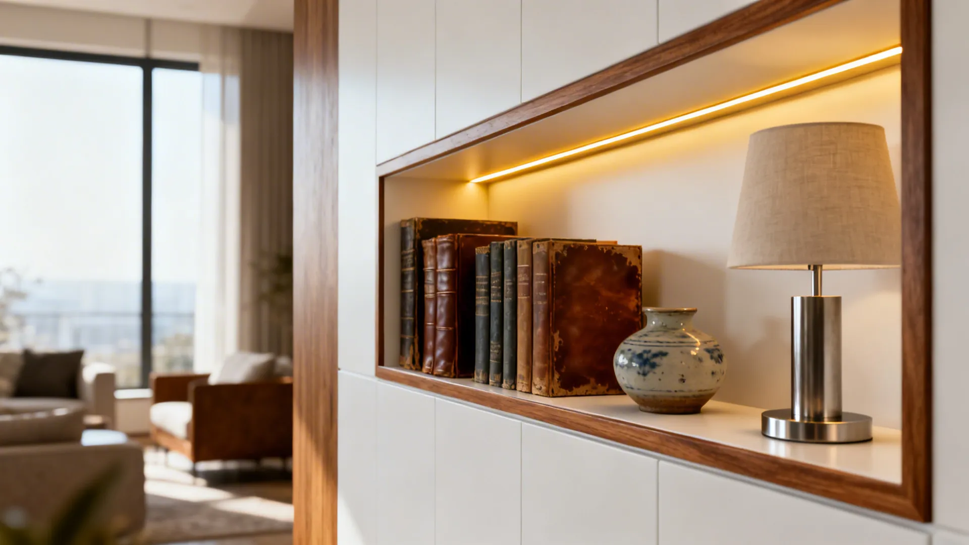 Built in wall shelf with old books small vase and table lamp with warm light
