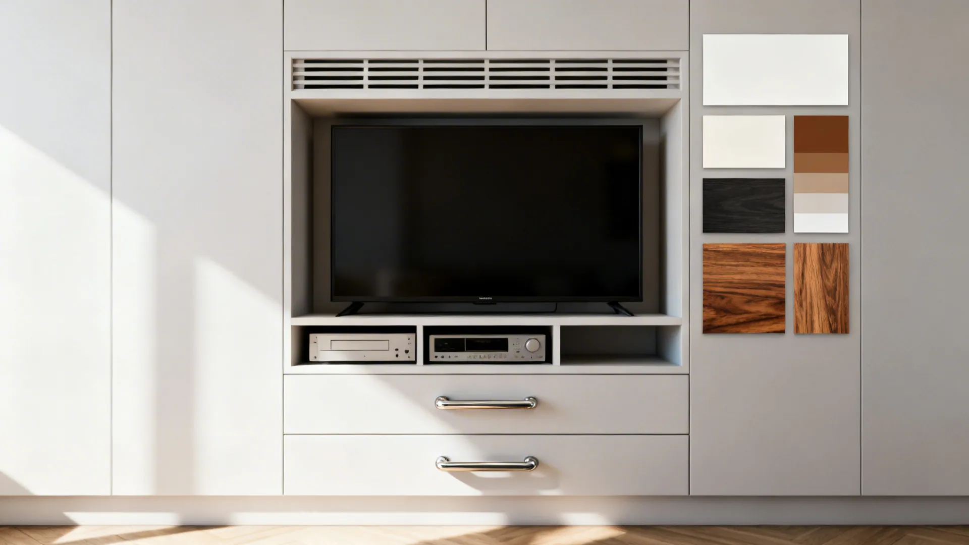 Custom built-in cabinetry with integrated TV niche and ventilation, plus material swatches.