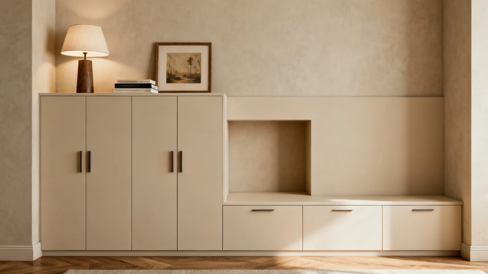 Cream colored storage cabinet with table lamp books and a small picture frame on top