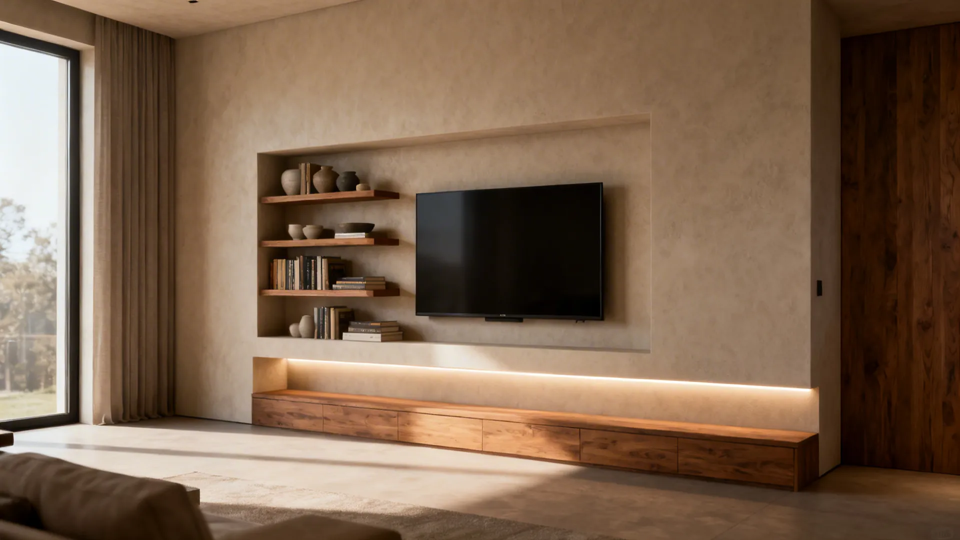 Built-in TV niche with staggered open shelves and integrated lighting.