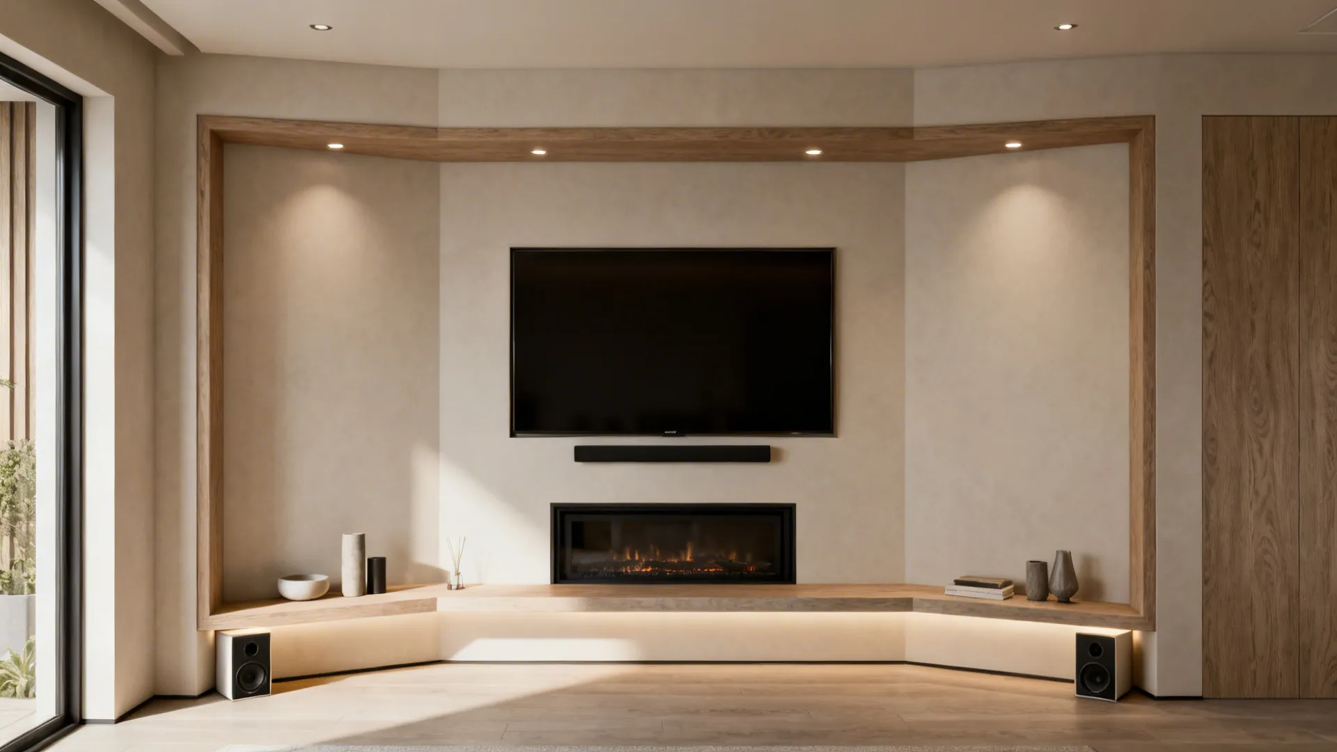 Modern wall niche with wood frame TV fireplace integrated lighting floor speakers and wood floor