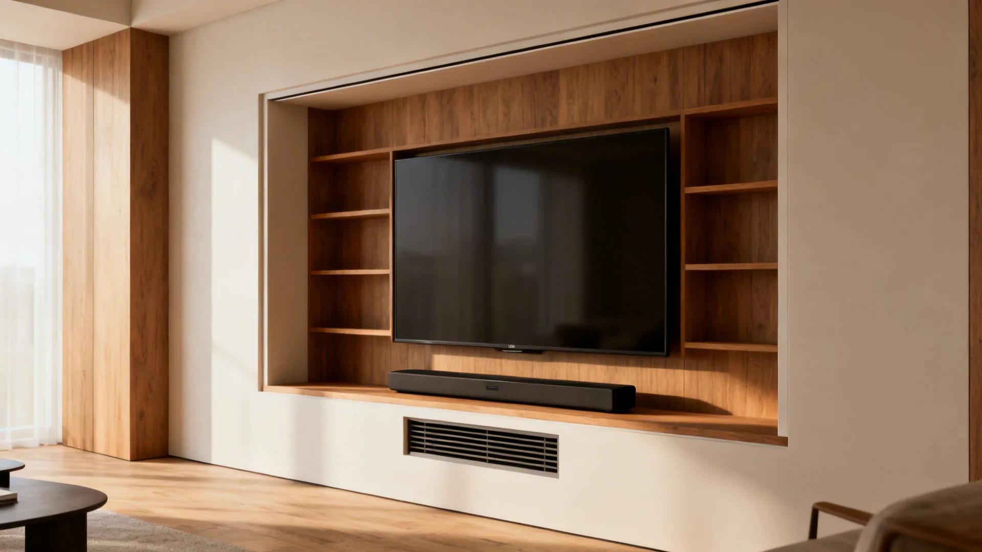 Recessed niche with a 50 inch TV and integrated soundbar in a modern living room.