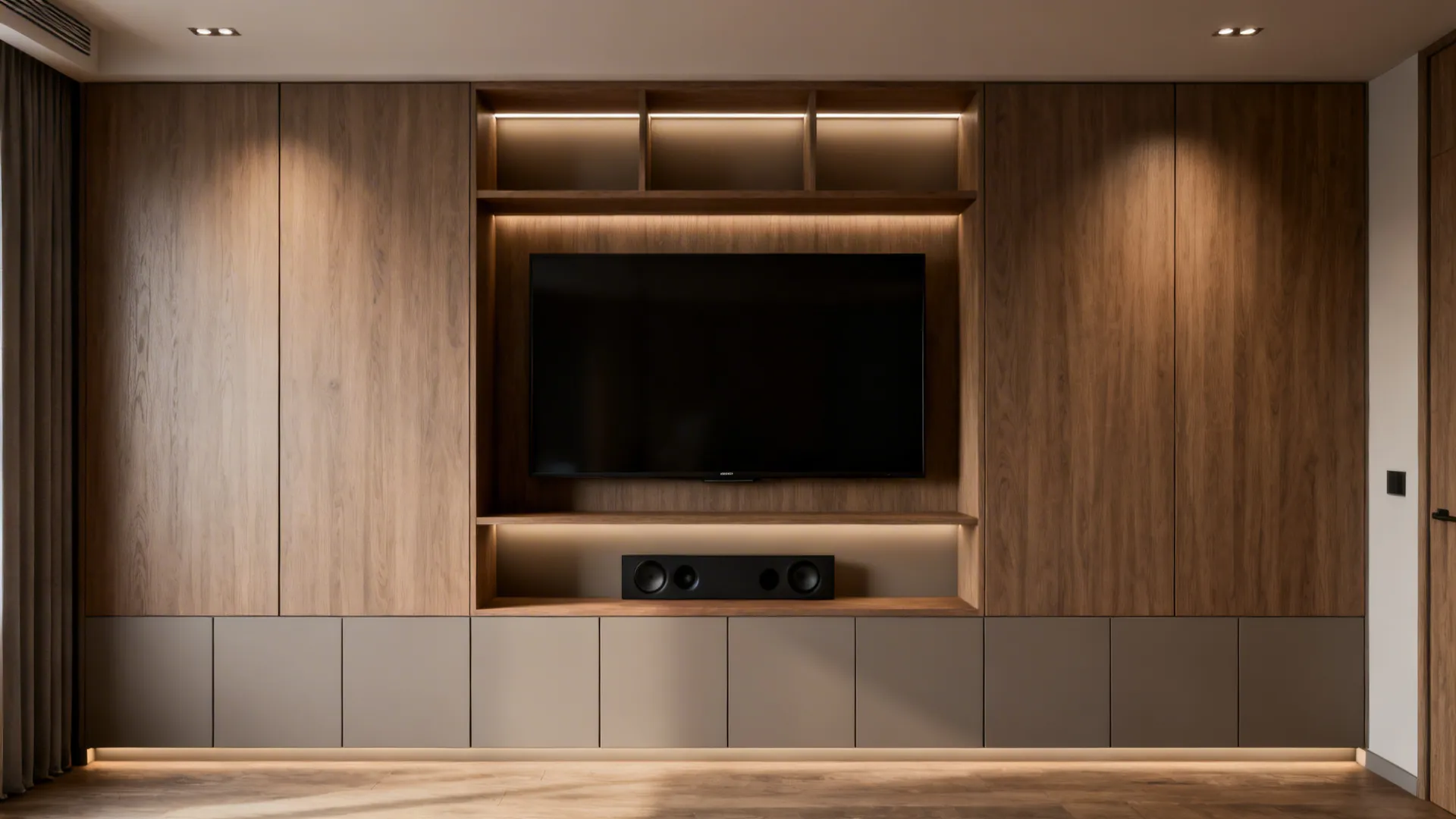 Floor-to-ceiling built-in media niche with shelves above and cabinets below framing a TV.