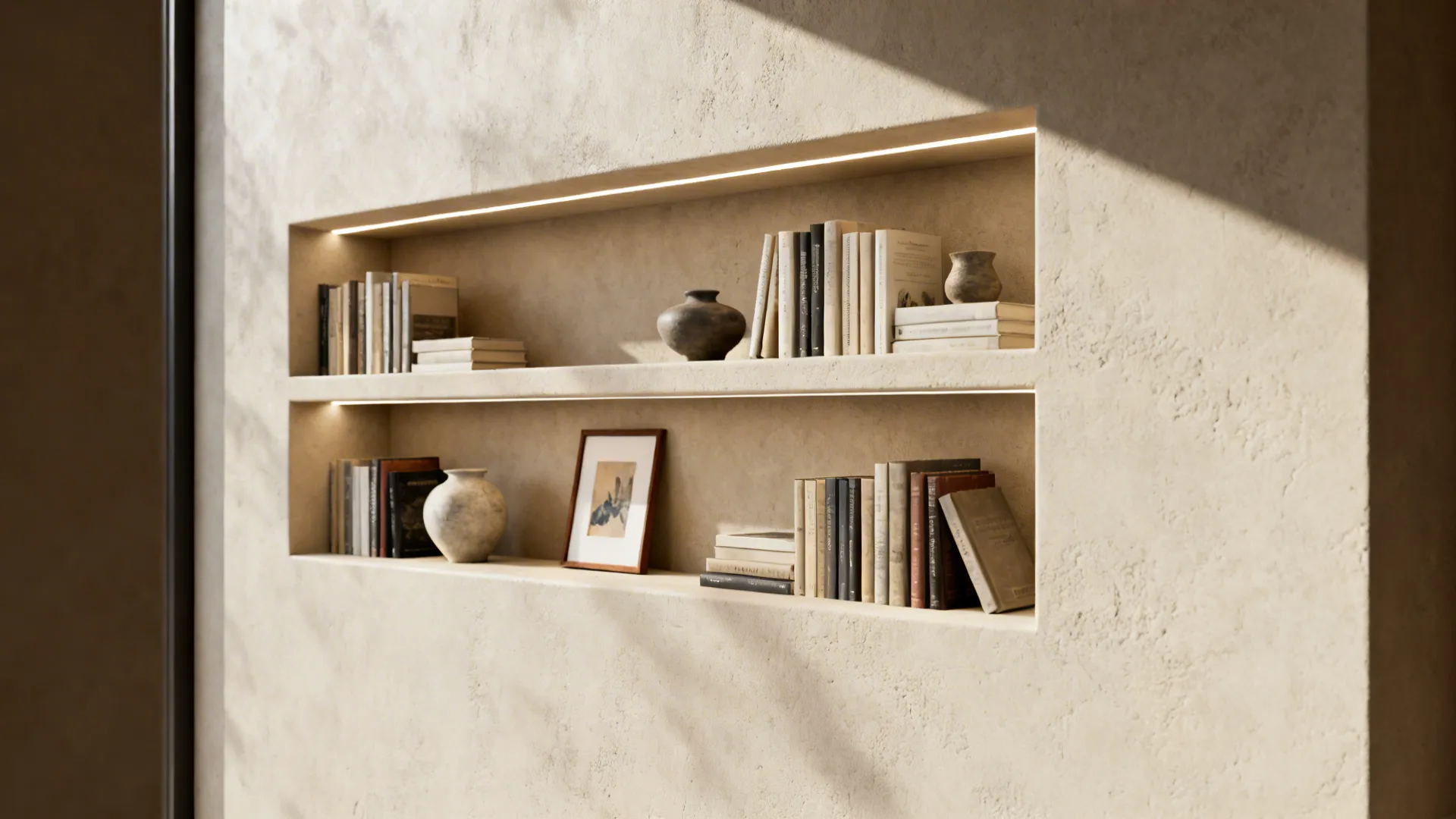 Recessed niche shelving flush with the wall, styled with books and ceramics.