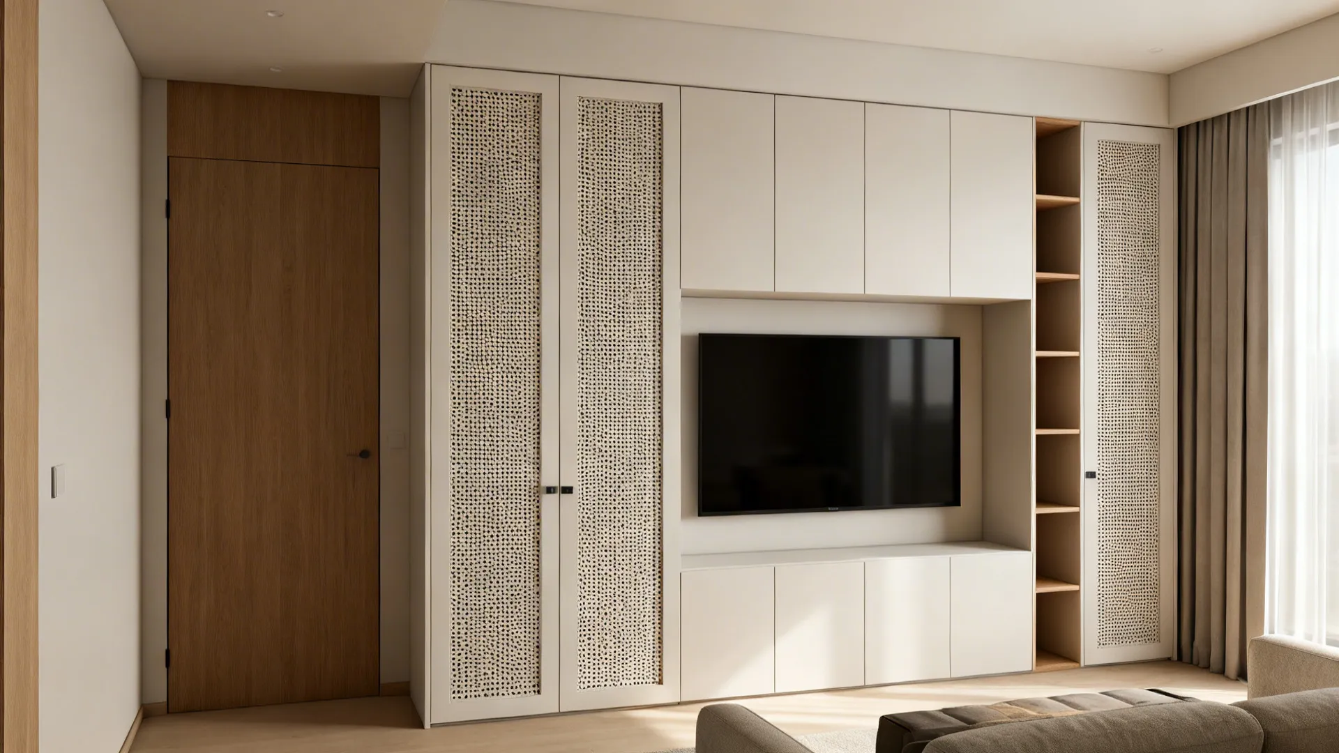 Built-in cabinet with recessed TV niche and perforated ventilation panels for AV equipment