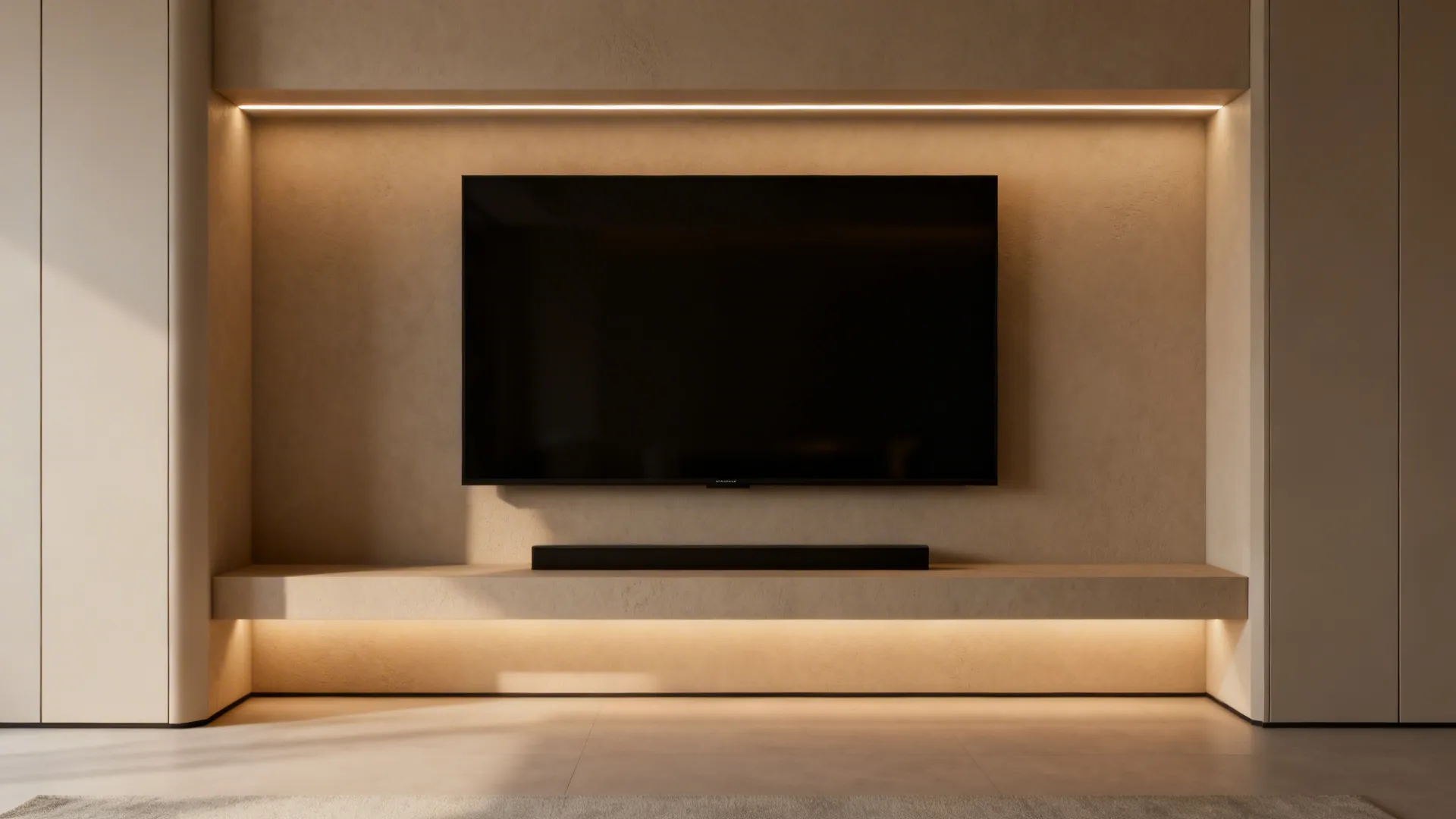 Built-in TV niche with recessed lighting and seamless cabinetry for a high-end look.