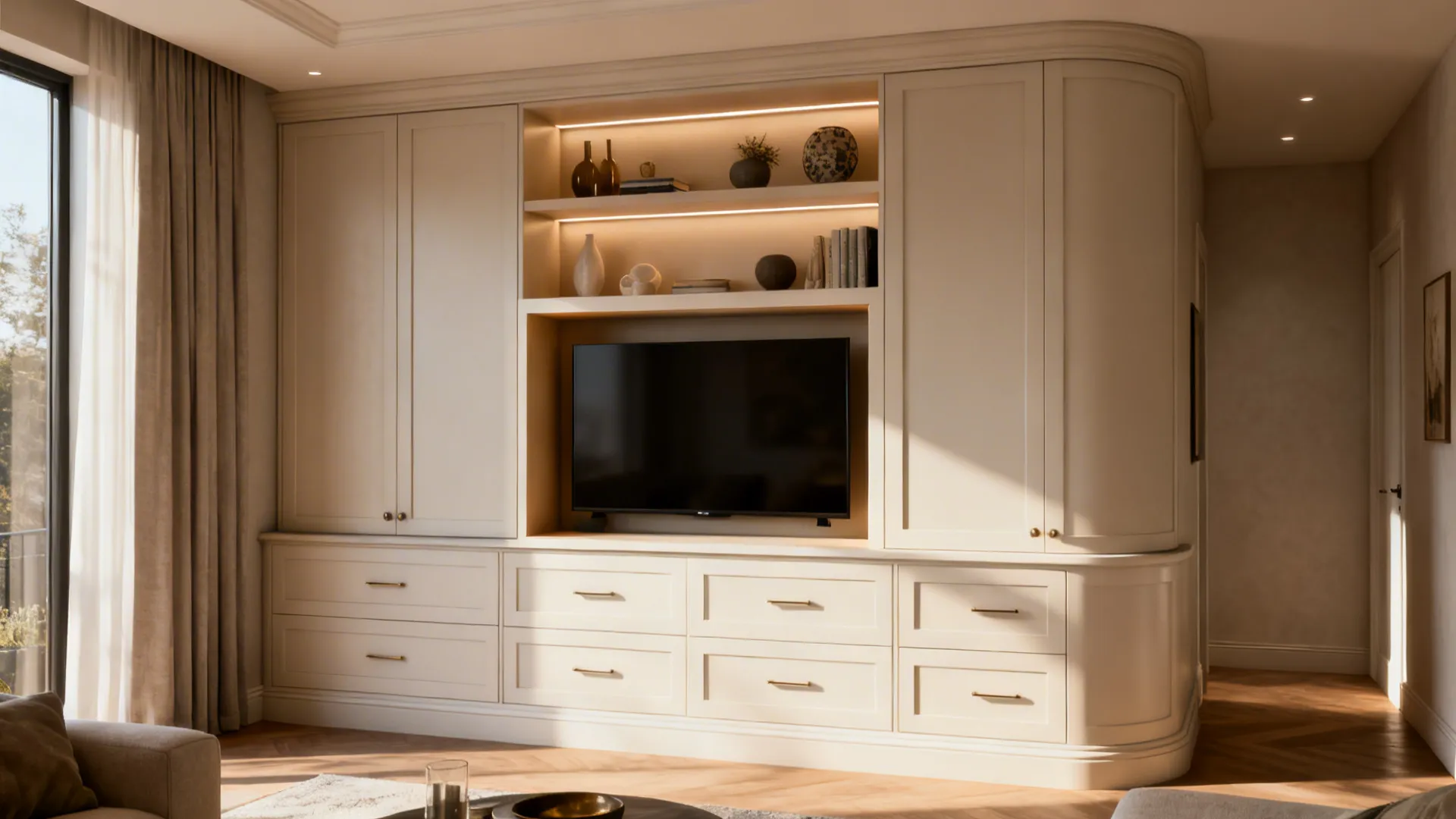 Custom built-in corner cabinet with a recessed niche for a TV, shelves and drawers for hidden storage.