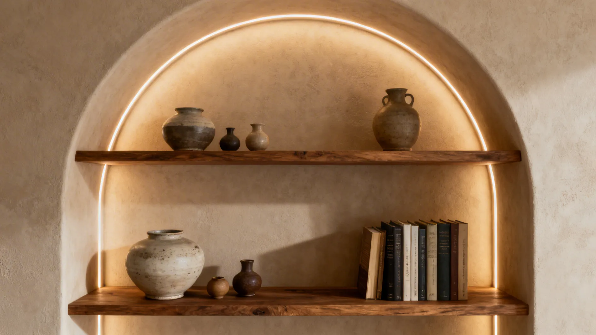 Arched wall shelf with warm hidden light strips displaying pottery vases and a book collection